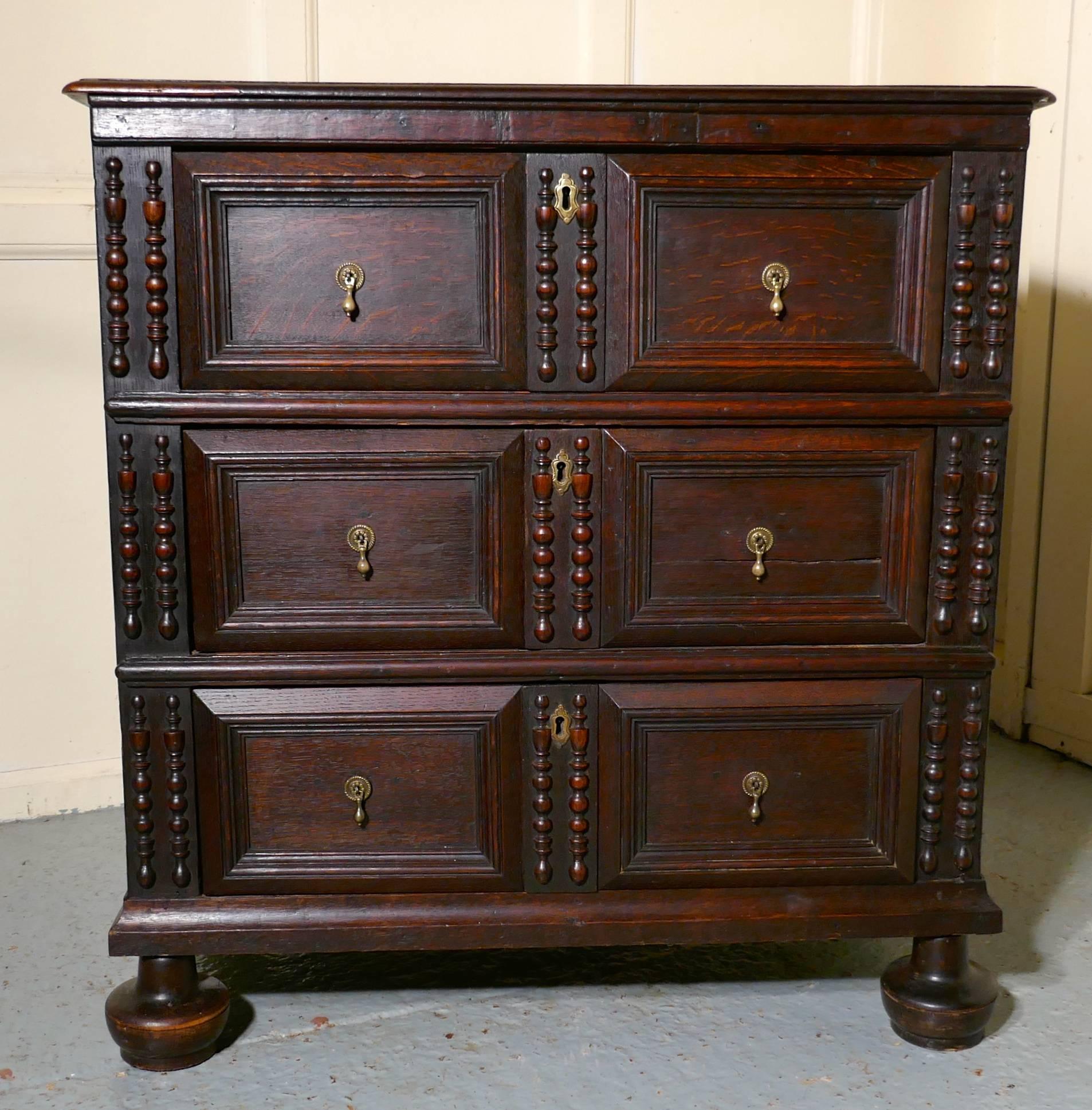 17th century small oak chest of drawers

This is a lovely piece dating from circa 1680, it is a small beautiful proportioned chest with 3 long drawers. The fronts of the drawers are decorated in deeply moulded Geometric Panels, the handles and