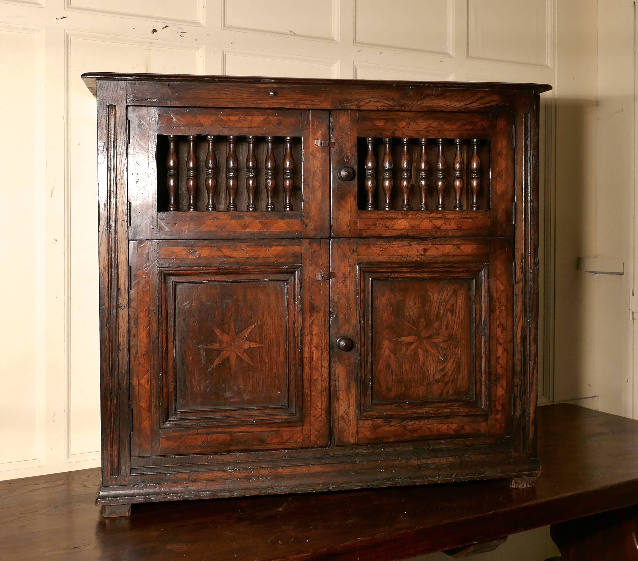 Country Late 18th Century Antique Inlaid Elm Food Cupboard, Bread Hutch