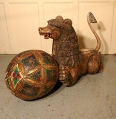 Large Carved Wooden Temple Lion, Pixiu or Foo Dog