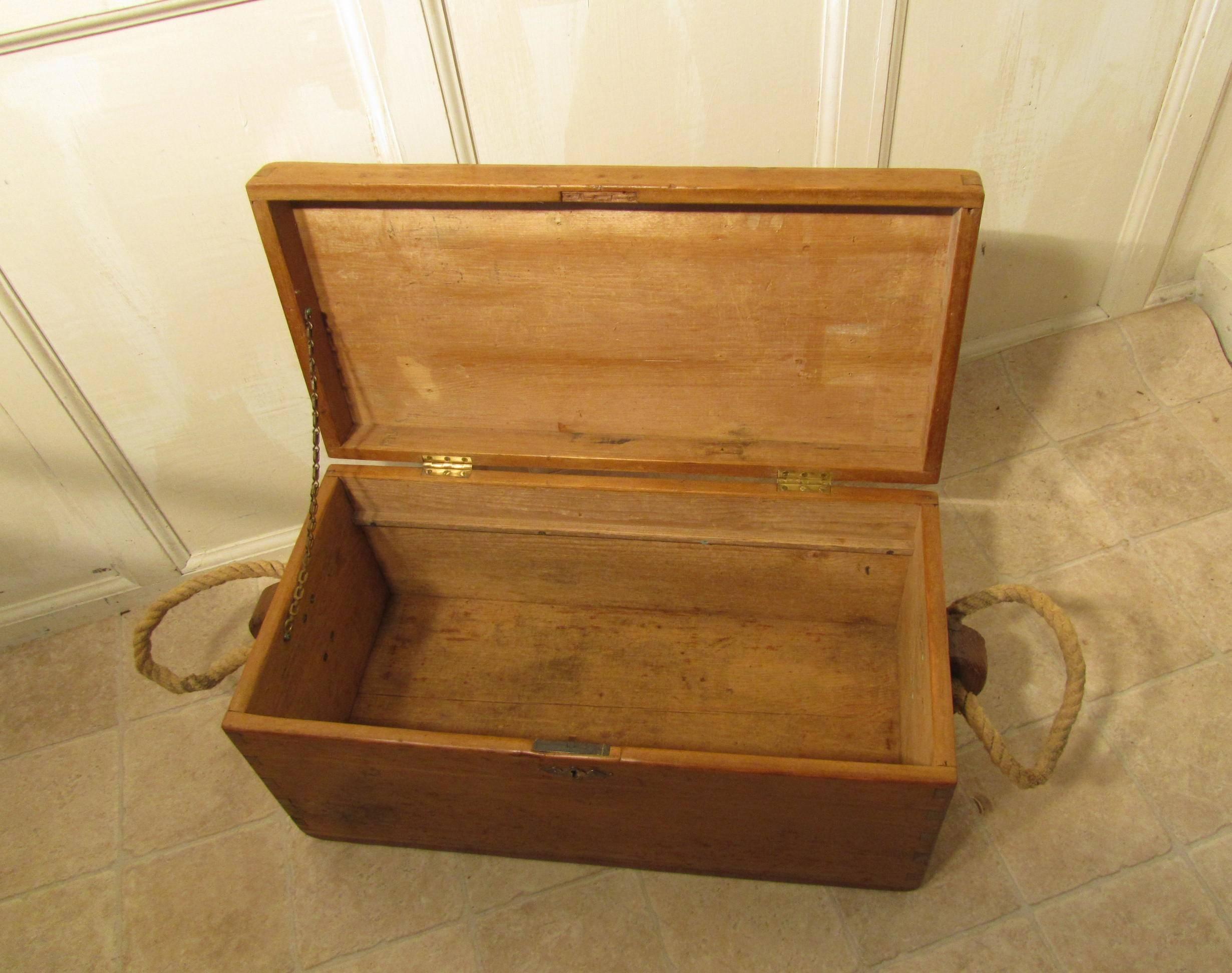 Victorian Pine Carpenters Box or Sea Chest 

This a good and interesting piece, the box has been stripped and waxed it in good condition no worm or any other defects, the rope handles have been replaced
This is an old piece with a pleasant look, it