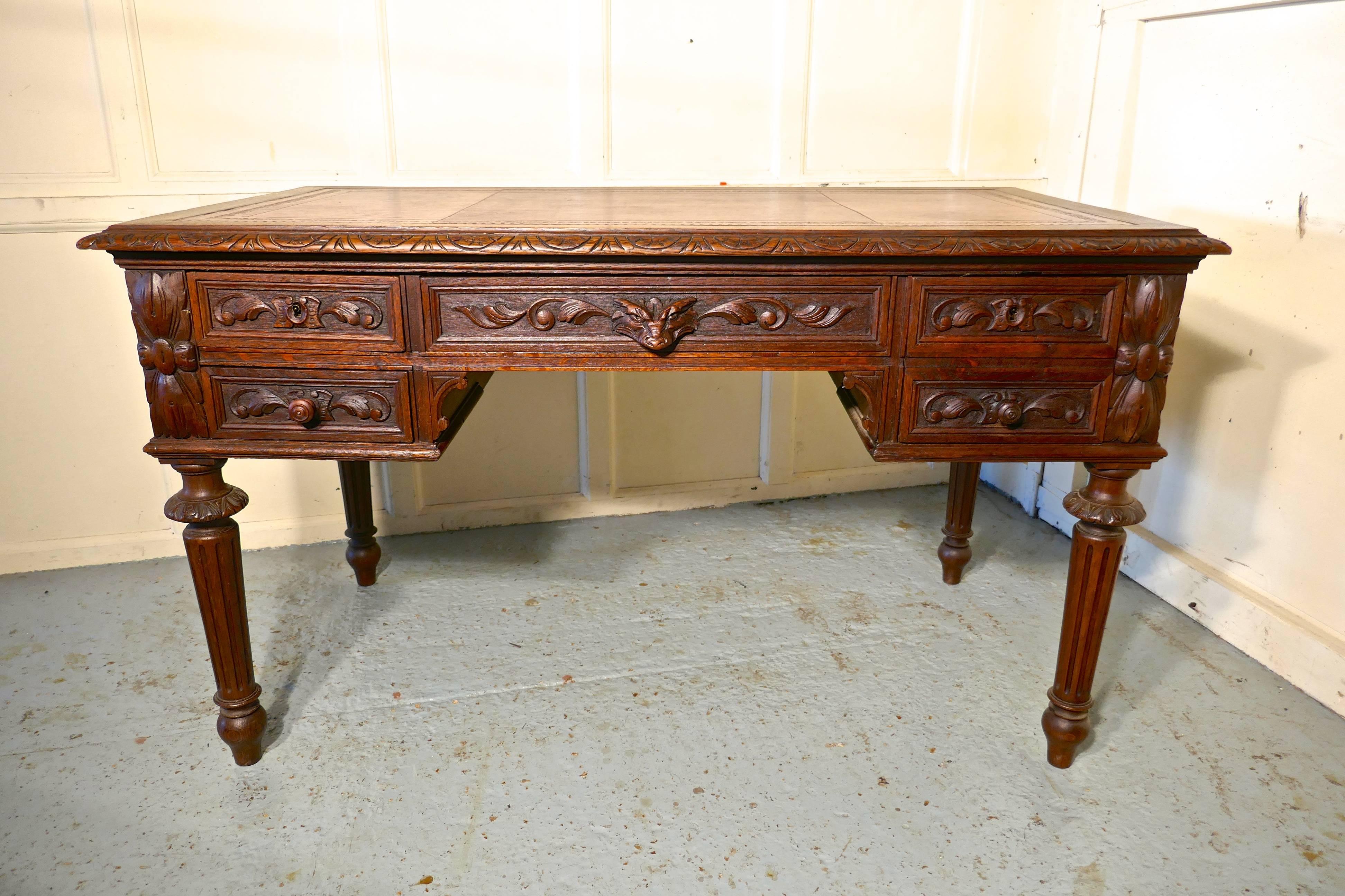 Green Man Carved Gothic Oak Writing Table 1