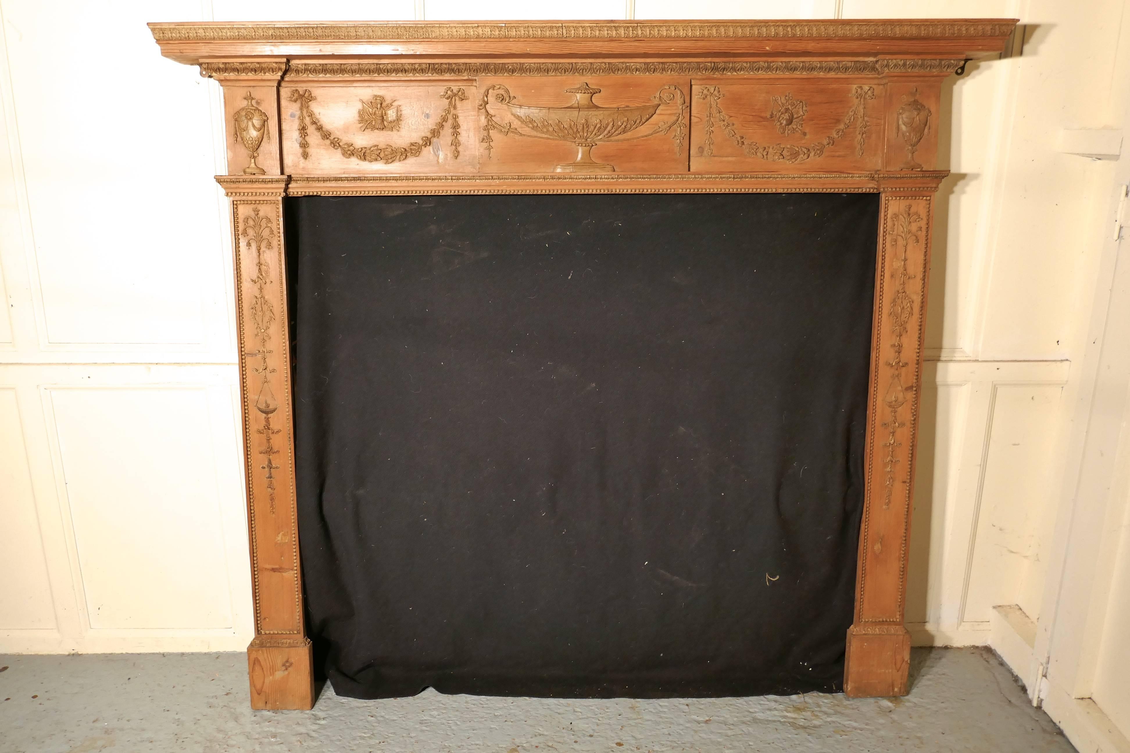 A Large 19th Century Adams Style Stripped Pine Fireplace. 5