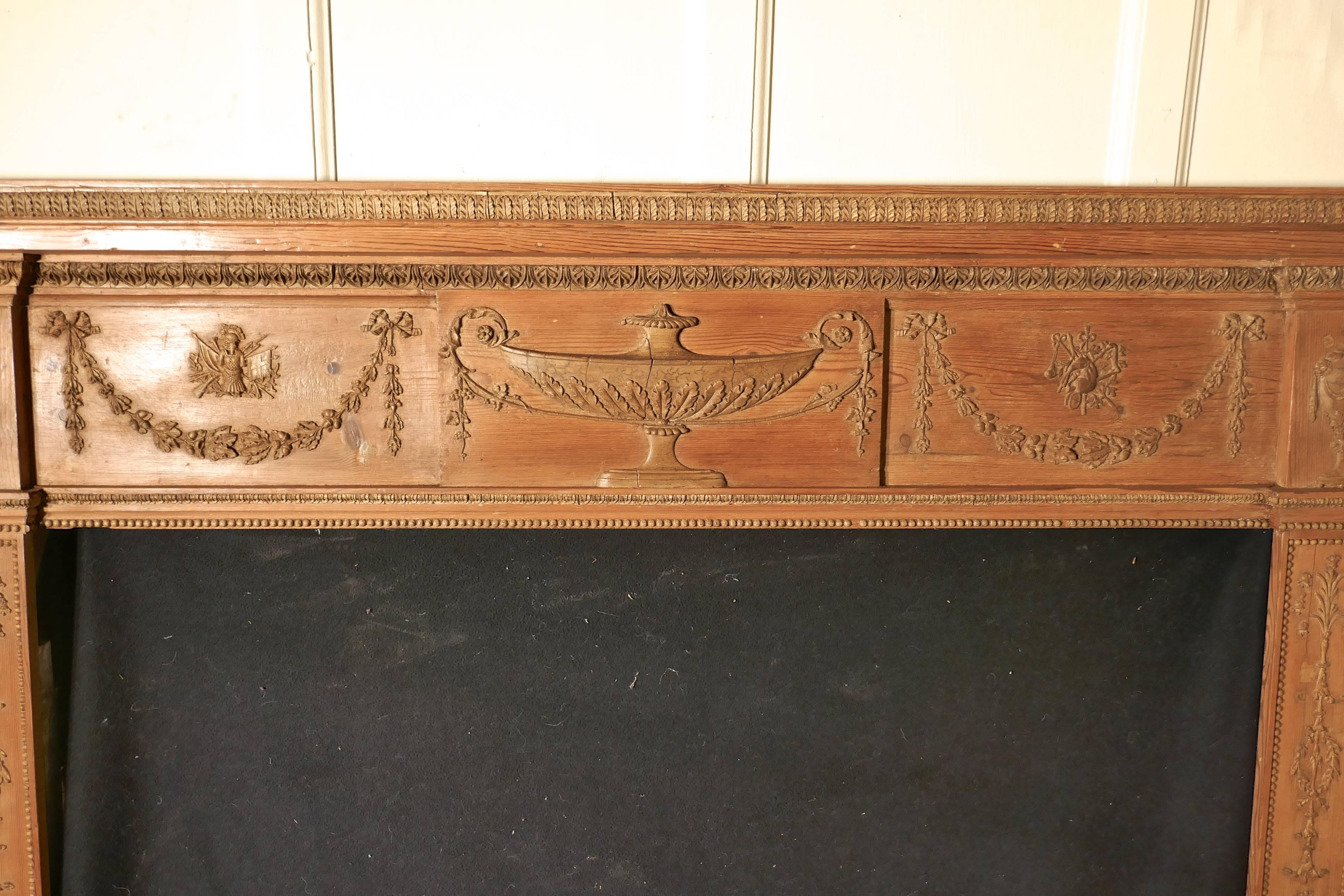 A Large 19th Century Adams Style Stripped Pine Fireplace. 3