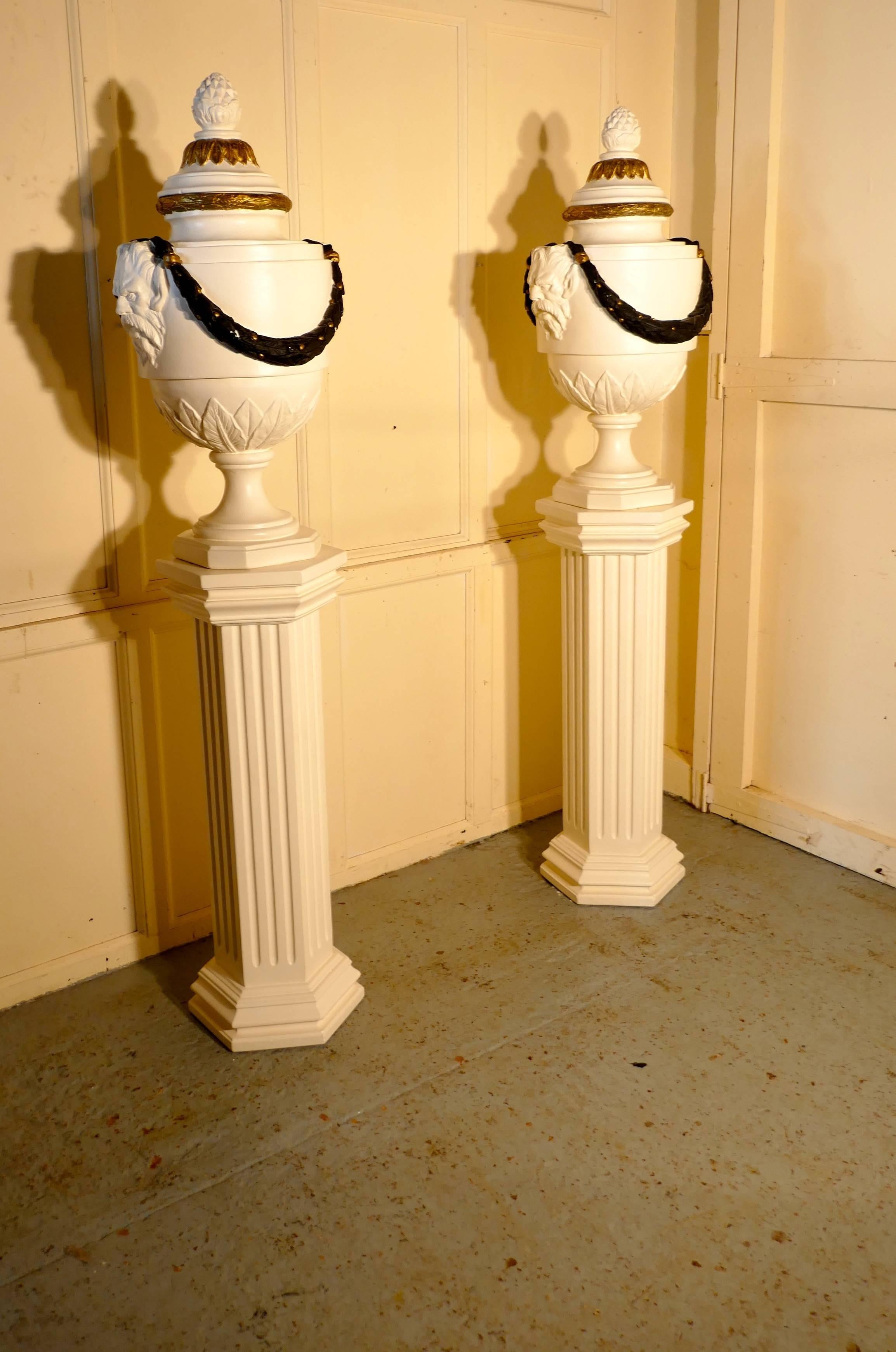 20th Century Pair of French Urns Set on Classical Column Pedestals For Sale