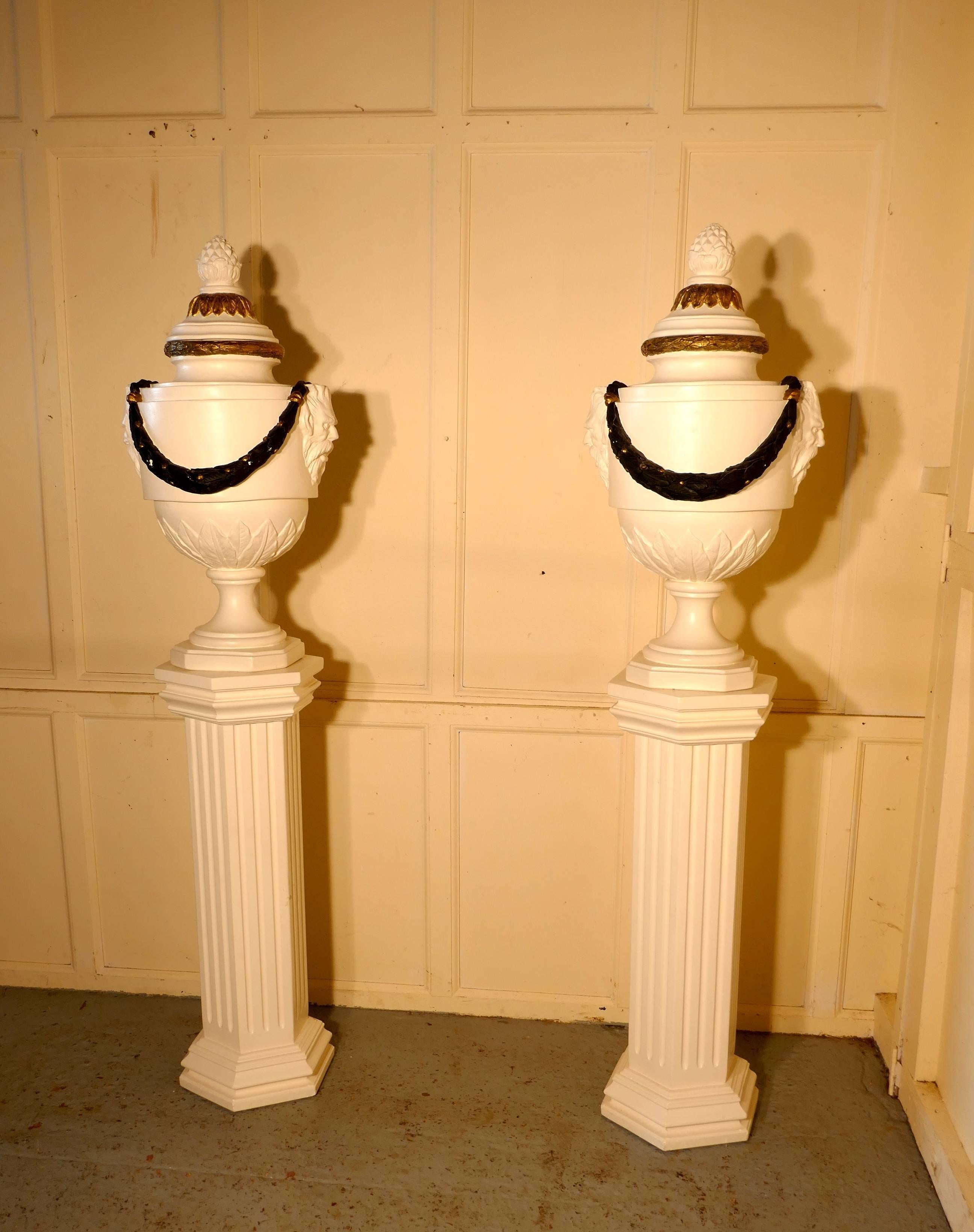 Pair of French Urns Set on Classical Column Pedestals For Sale 1