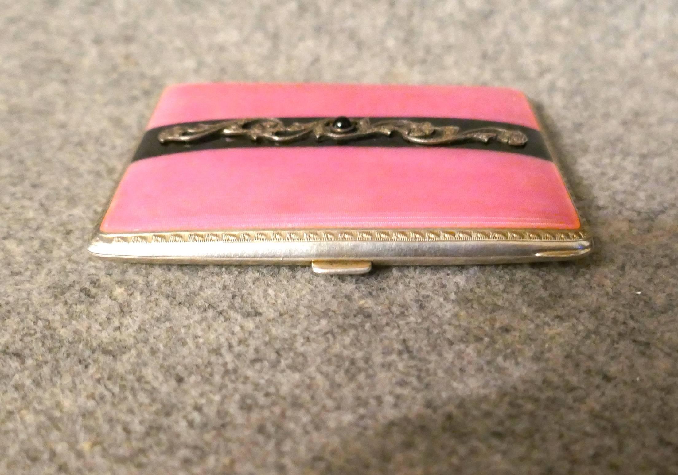 French Silver and Pink Guilloche Enamel Art Deco Cigarette Case 3