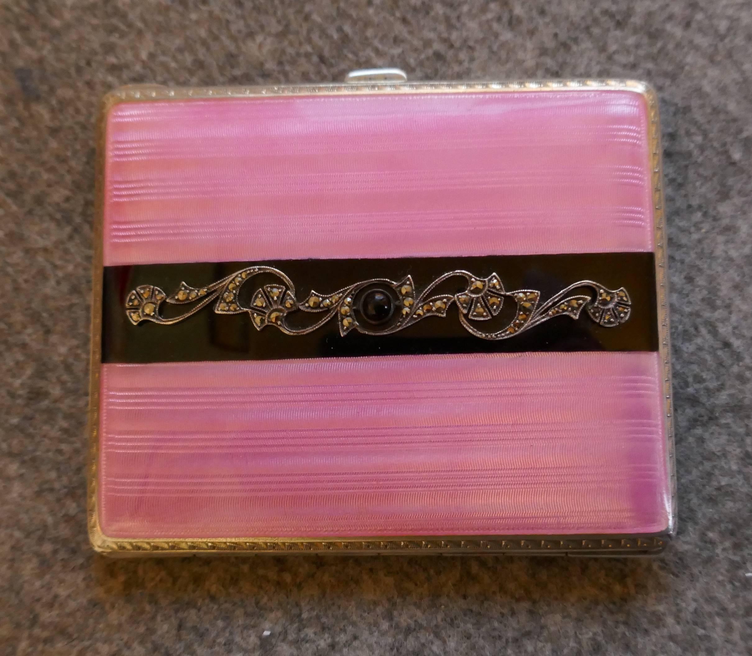 French Silver and Pink Guilloche Enamel Art Deco Cigarette Case In Good Condition In Godshill, Isle of Wight