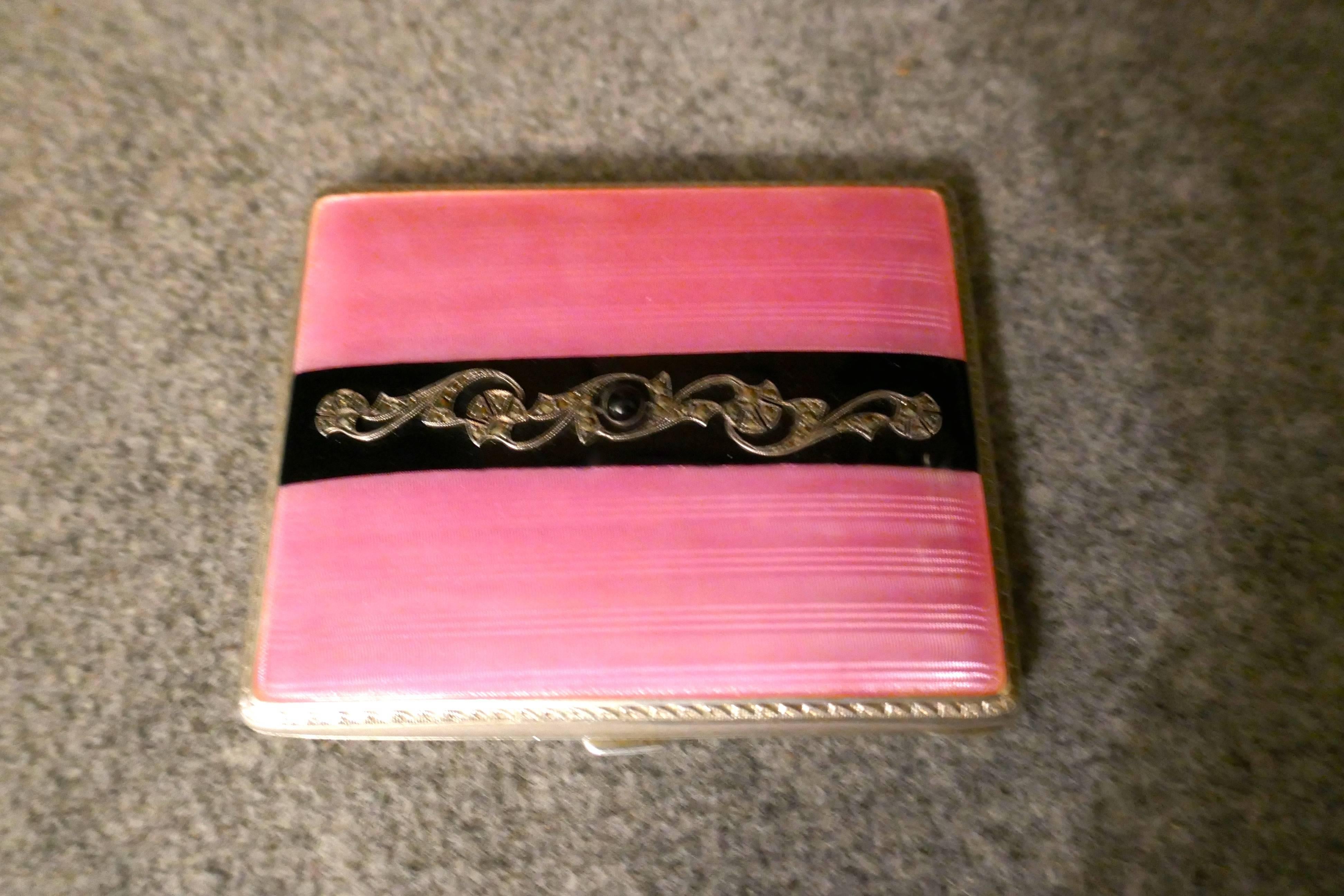 French Silver and Pink Guilloche Enamel Art Deco Cigarette Case 5