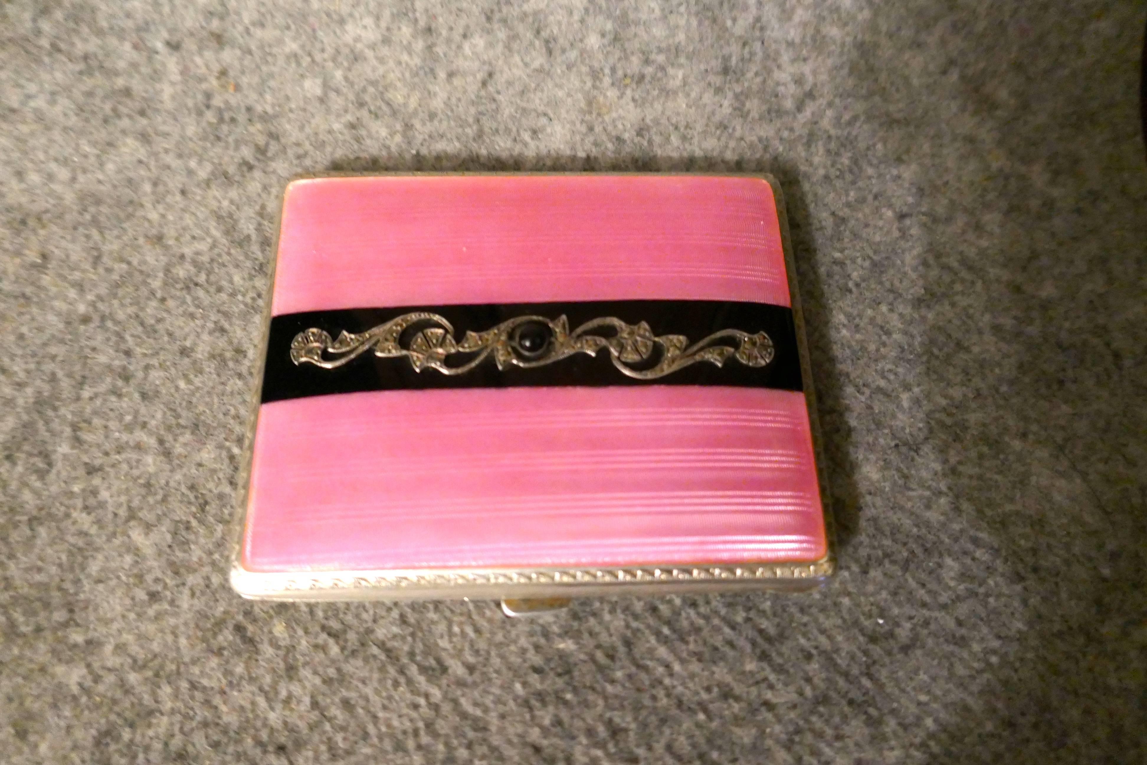 French Silver and Pink Guilloche Enamel Art Deco Cigarette Case 2