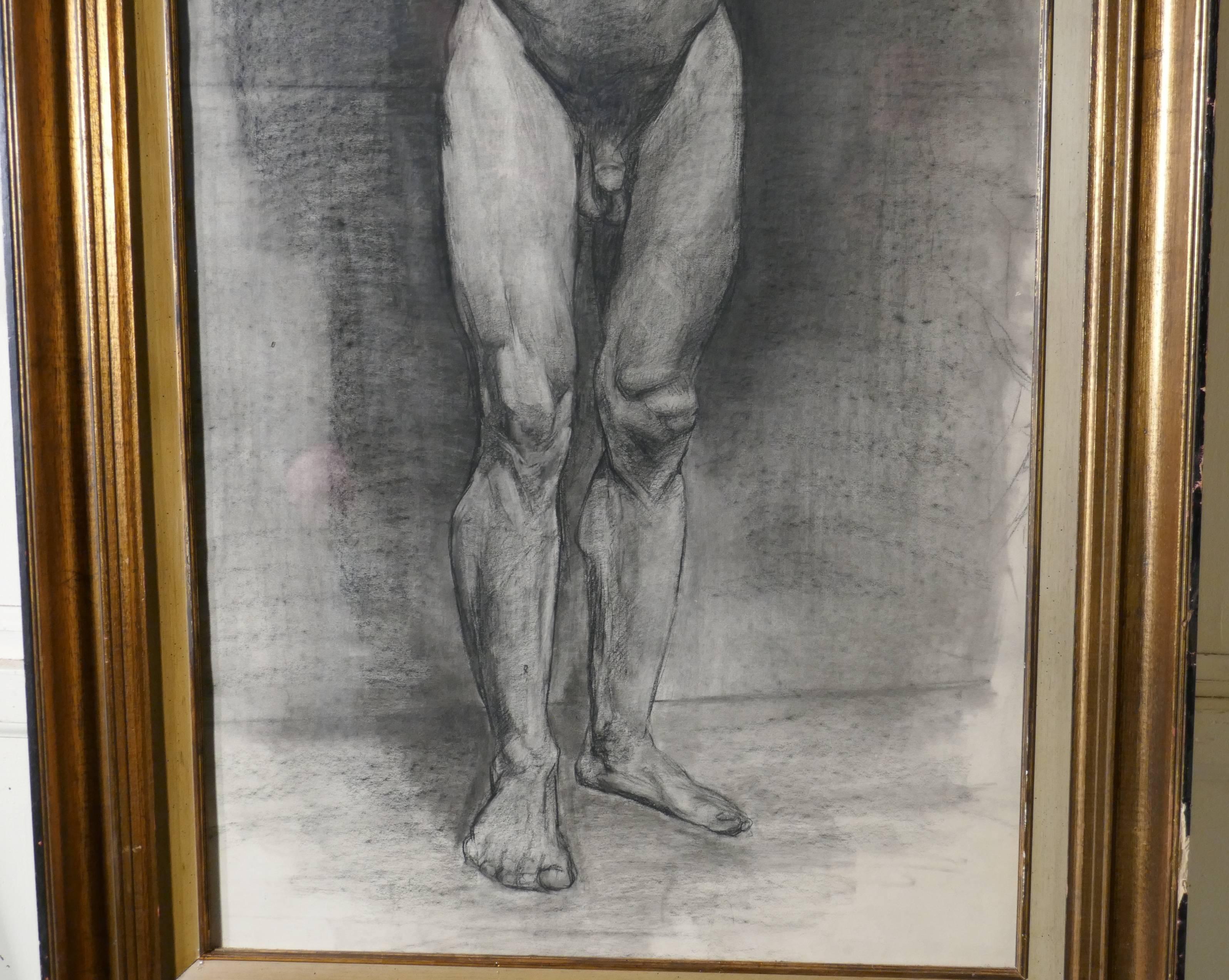 Beaux Arts Male Nude Posing as Atlas, a Large Framed Study in Charcoal For Sale