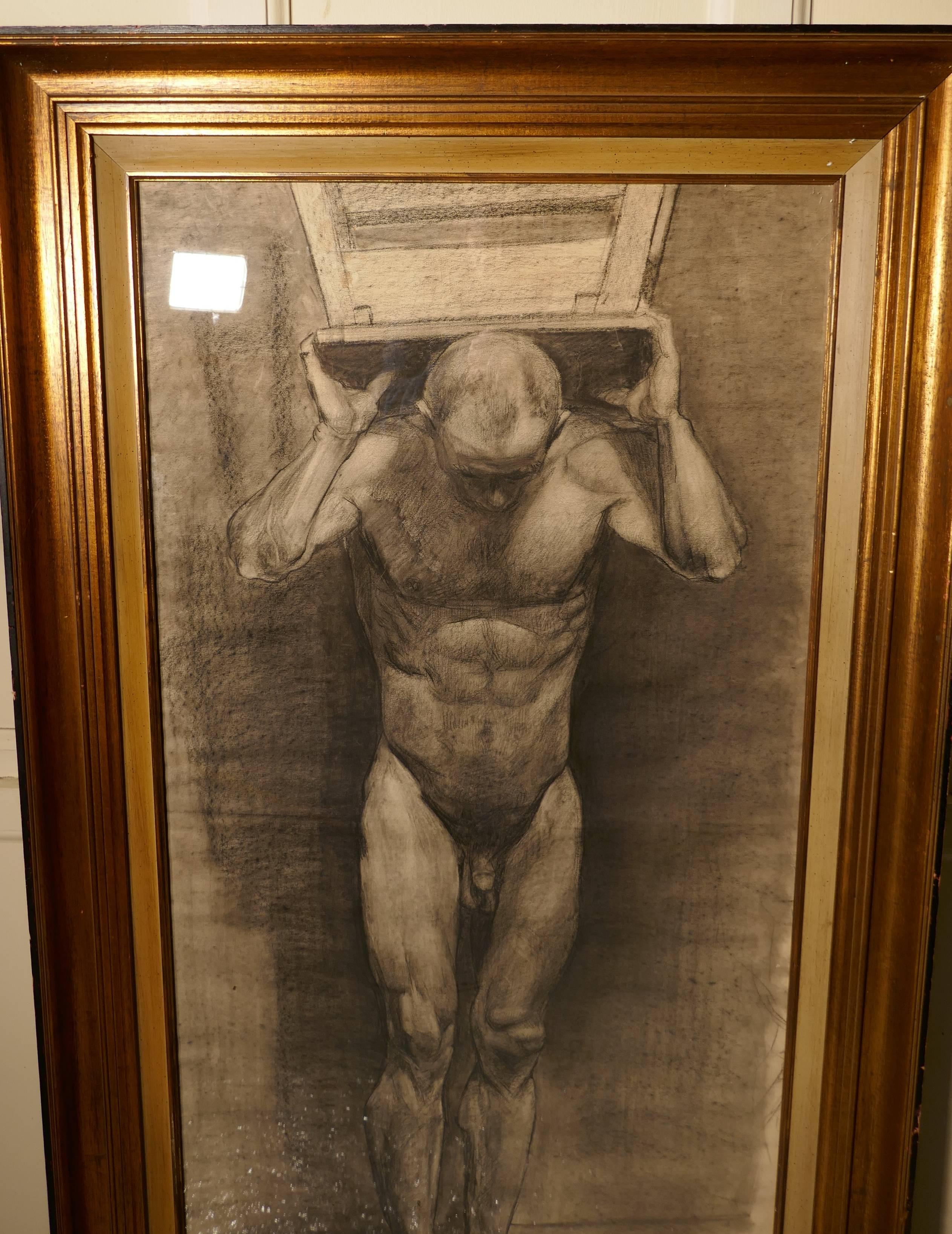 Male nude posing as Atlas, a large framed study in charcoal

This is an excellent, and due to its size, an imposing piece, an interesting life study and very well executed, there is no evidence of a signature 
The drawing is framed in an old 5”