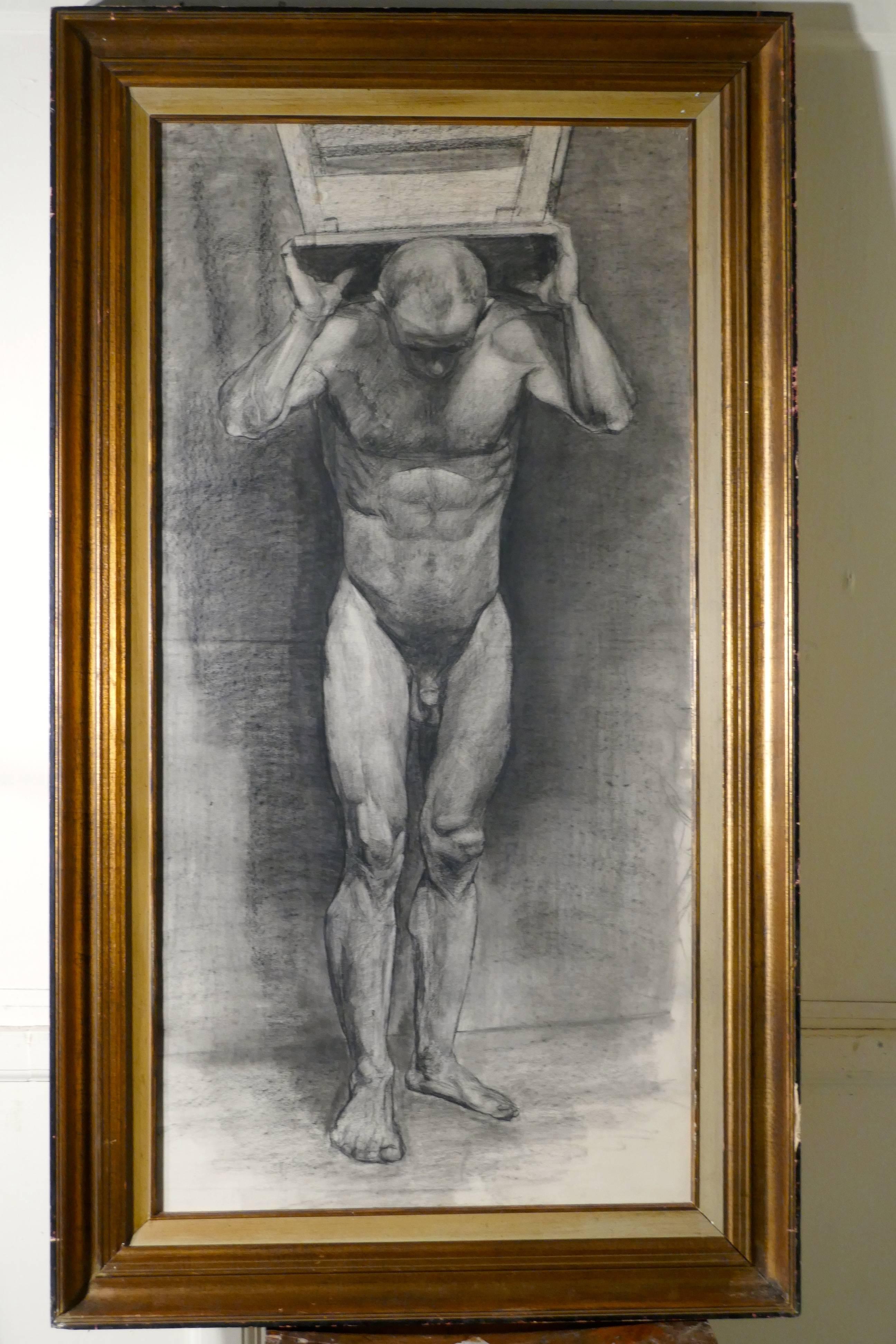 Male Nude Posing as Atlas, a Large Framed Study in Charcoal For Sale 1