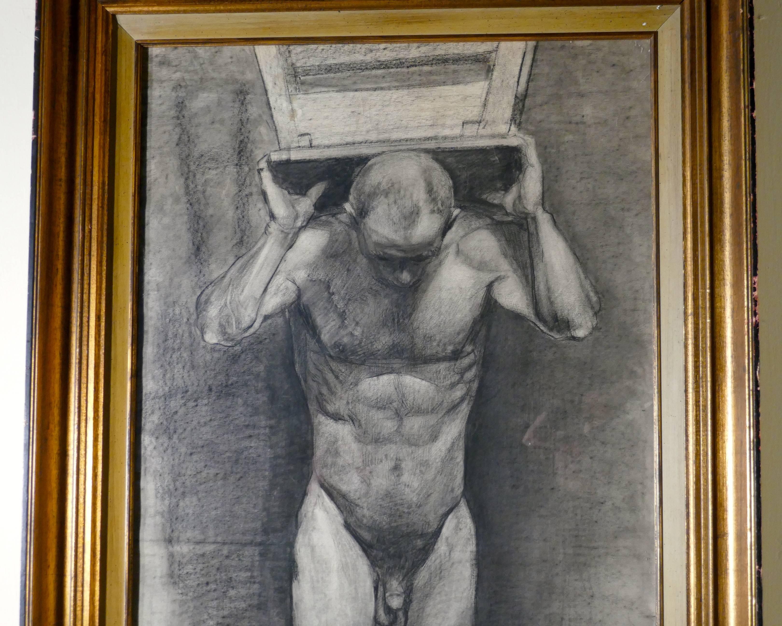 20ième siècle Nu masculin posant comme Atlas, une grande étude encadrée au fusain en vente