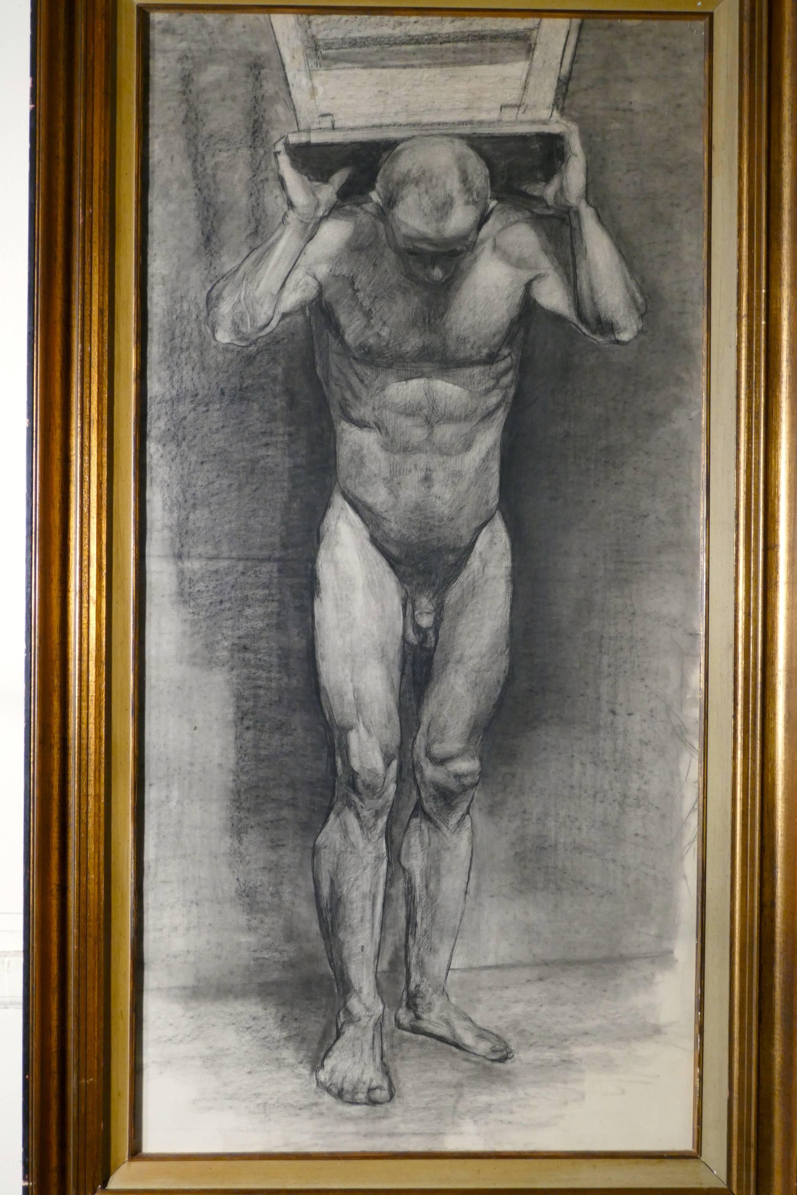 Male Nude Posing as Atlas, a Large Framed Study in Charcoal For Sale 2
