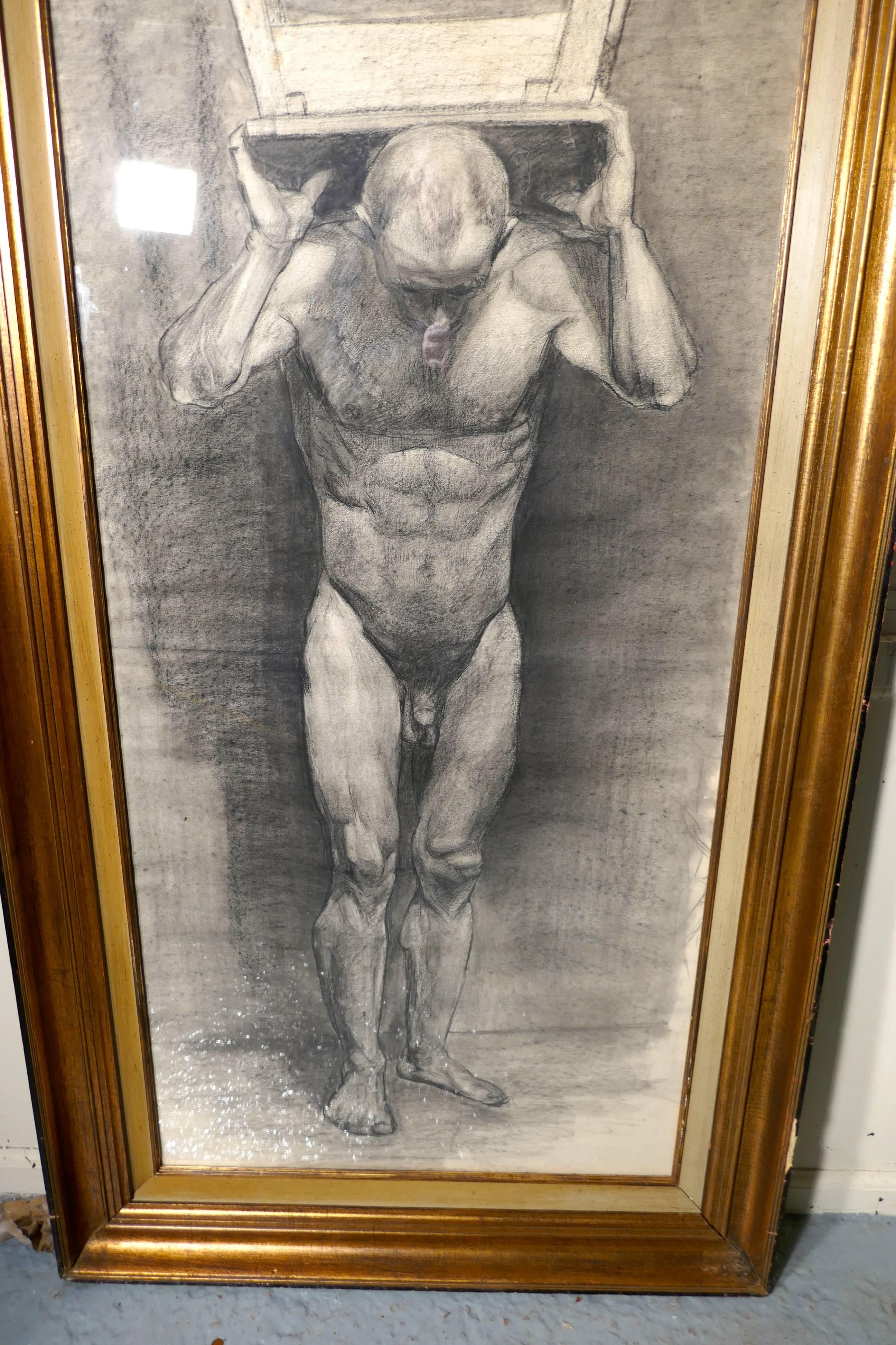 Beaux-Arts Nu masculin posant comme Atlas, une grande étude encadrée au fusain en vente