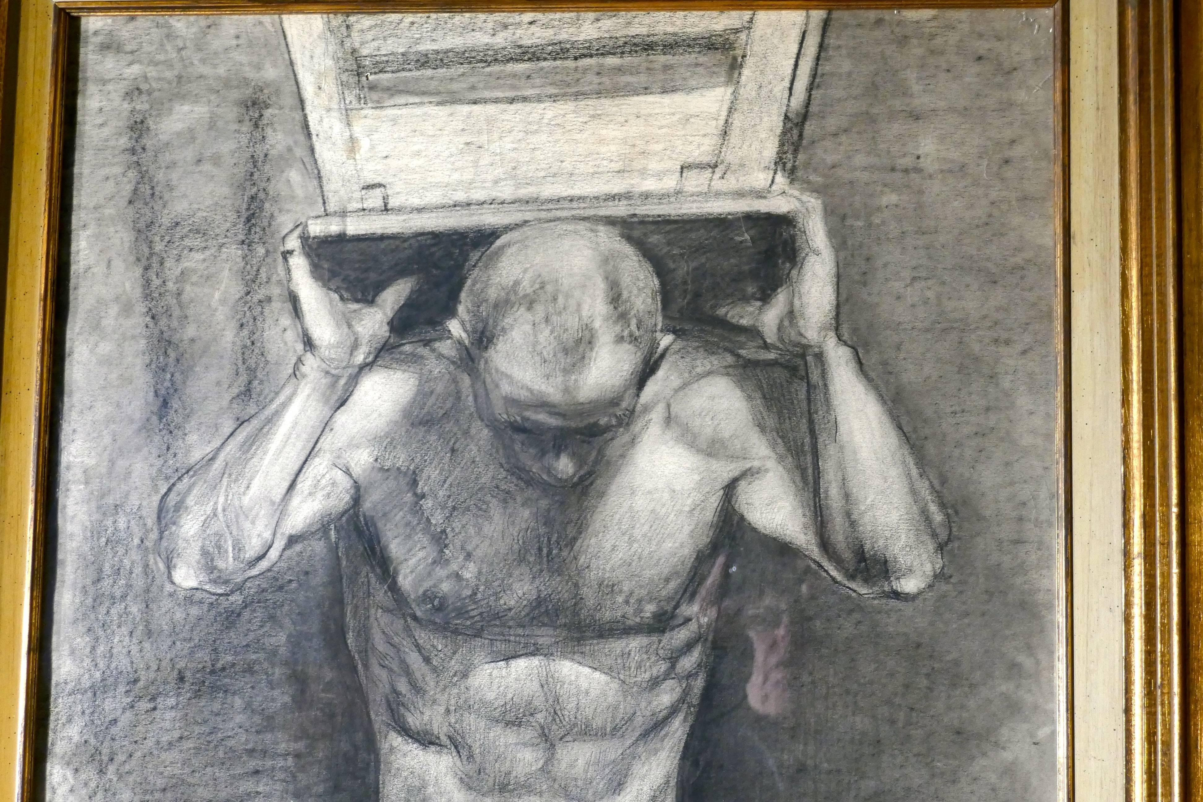 20th Century Male Nude Posing as Atlas, a Large Framed Study in Charcoal For Sale
