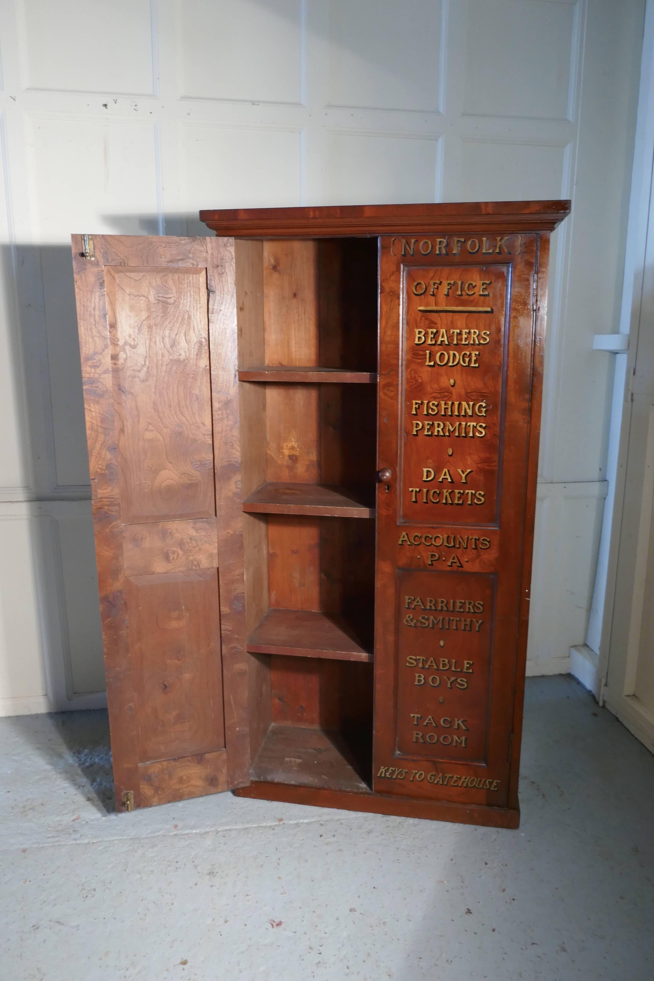 Victorian burr Elm Estate cupboard 

This lovely Estate cupboard dates back to the late 19th century, it come from the Estate office of Cawston Hall Norfolk, the cupboard was used to store the great variety of paperwork related to the running of