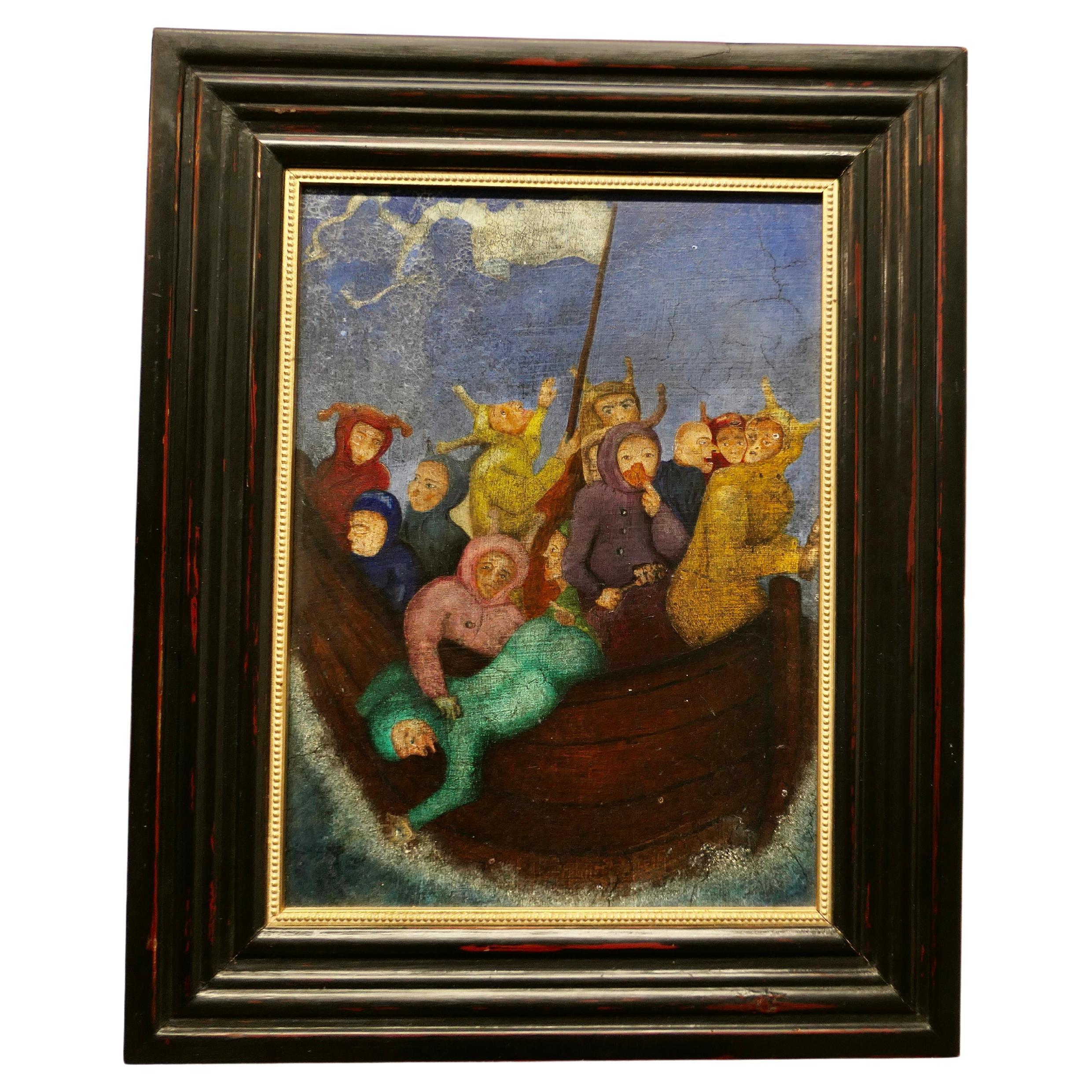 Oil on Board Characters on a Boat a Very Unusual Subject For Sale