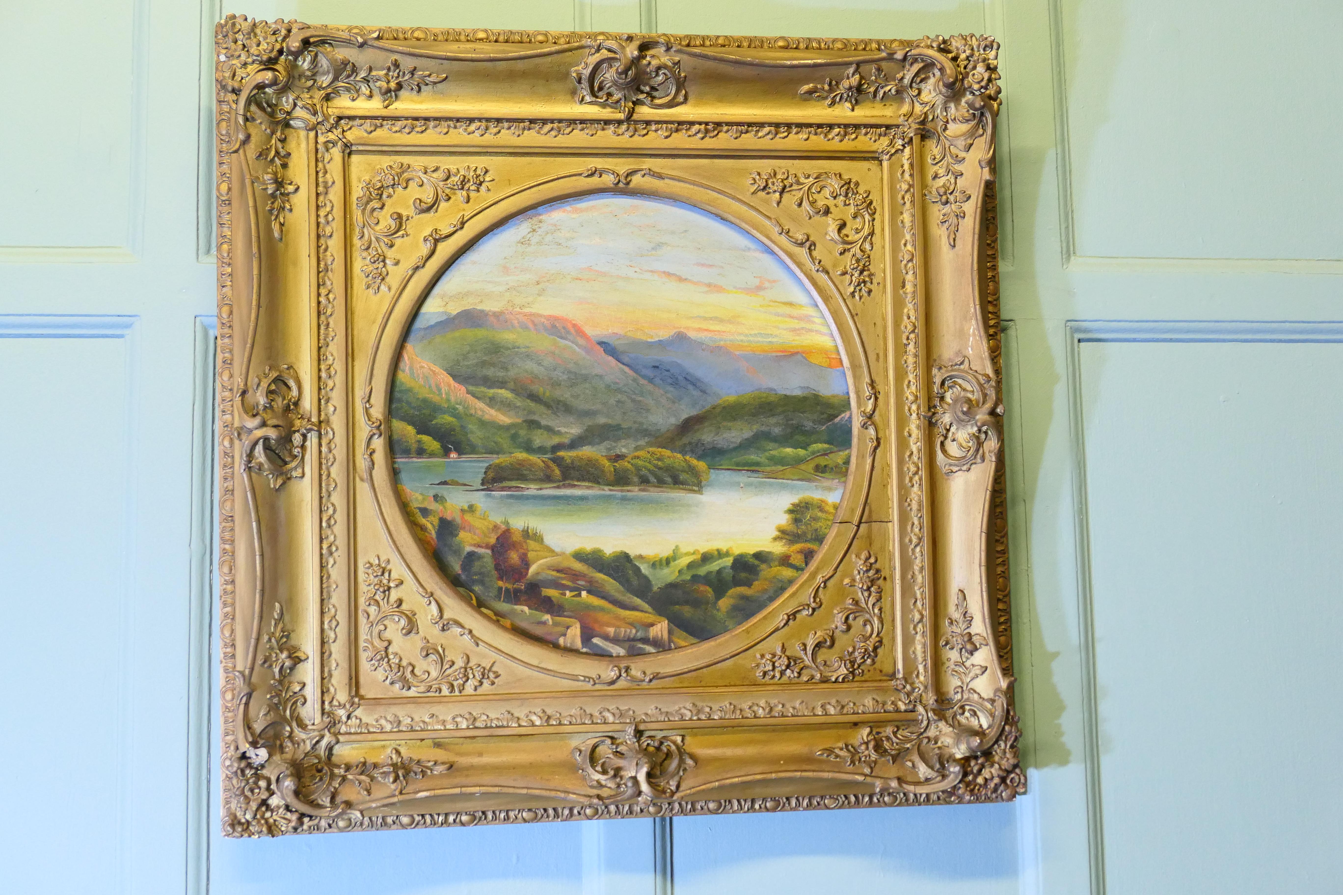 Unsigned Victorian Landscape in a Large Square Frame
A superb decorators piece
The painting is set in its original Oversize Gilt Frame, the painting is on board and in good condition
The painting is 30” x 30”, in its frame 
HW82
