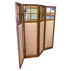 Antique French Upholstered 4 Fold Screen, Gilt Mirror Room Divider