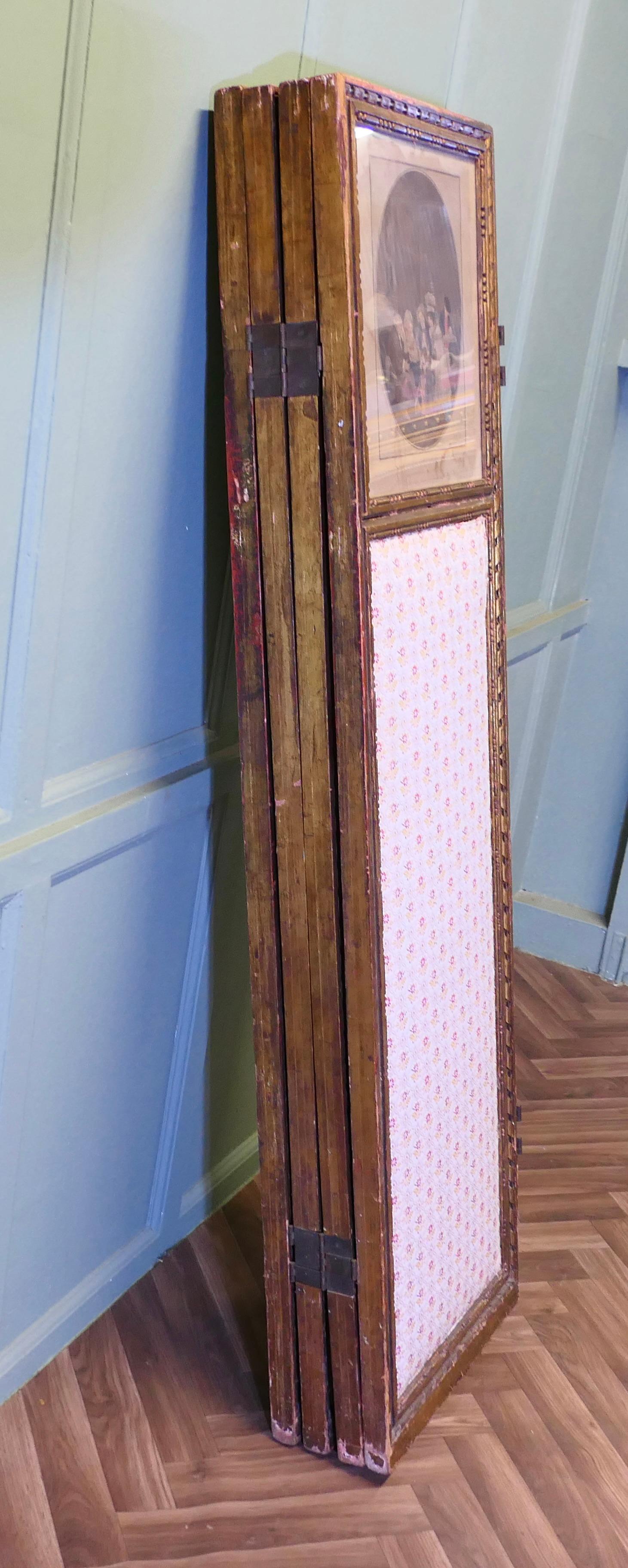 Giltwood French Upholstered 4 Fold Screen, Gilt Mirror Room Divider For Sale