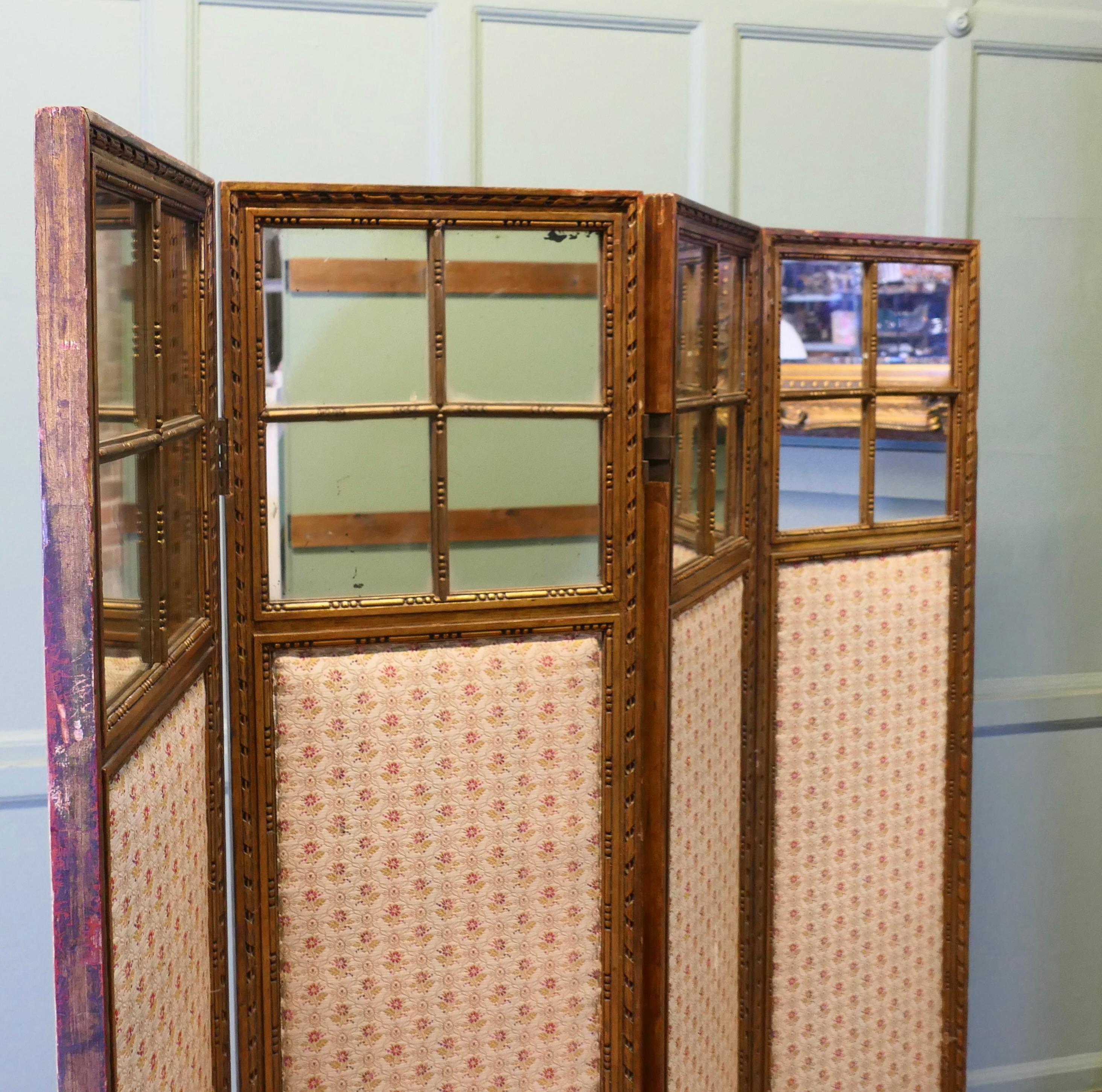 French Upholstered 4 Fold Screen, Gilt Mirror Room Divider In Good Condition For Sale In Godshill, Isle of Wight