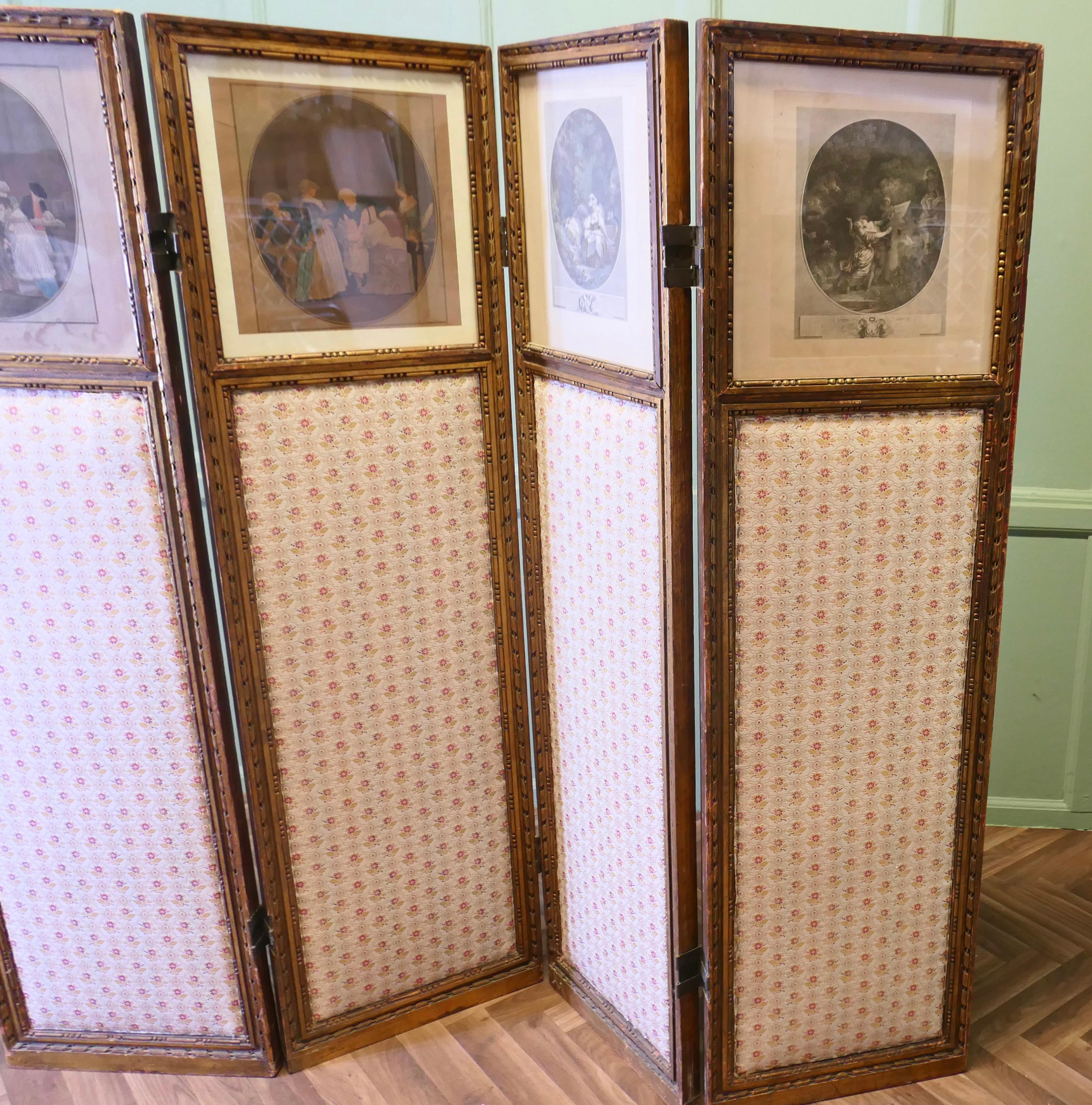 French Provincial French Upholstered 4 Fold Screen, Gilt Mirror Room Divider For Sale