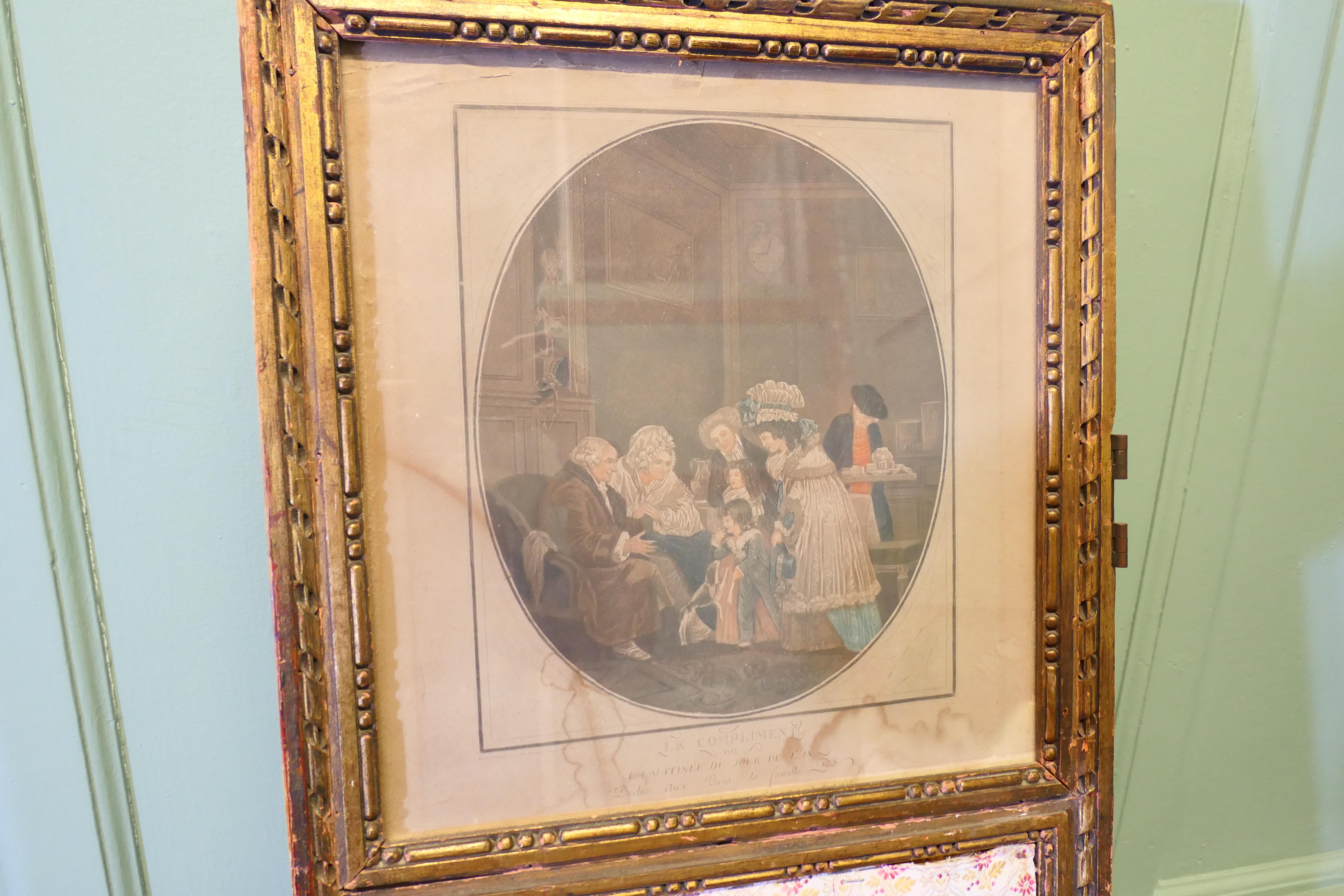 French Upholstered 4 Fold Screen, Gilt Mirror Room Divider For Sale 1