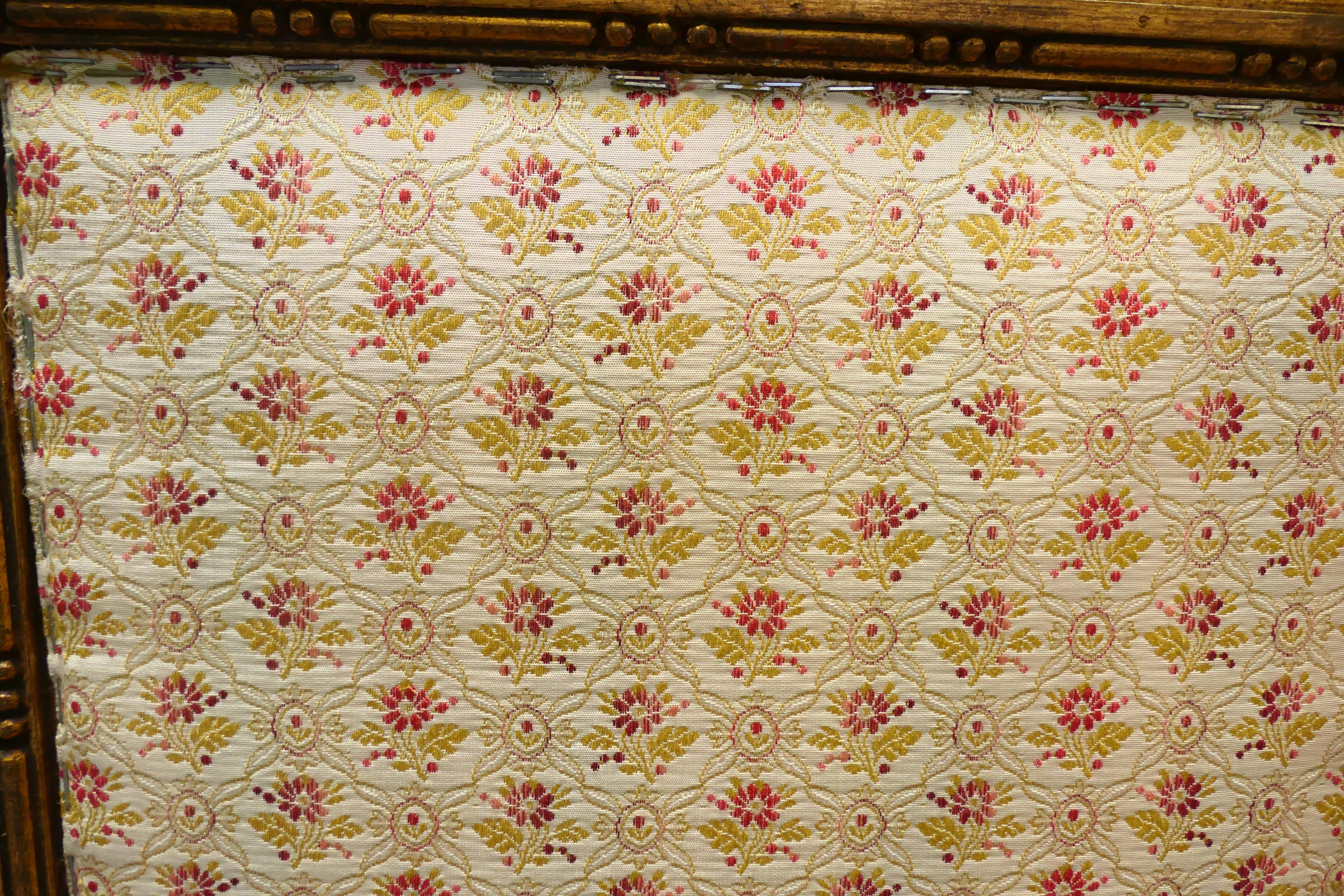 19th Century French Upholstered 4 Fold Screen, Gilt Mirror Room Divider For Sale