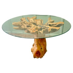 Yewwood Root Tree Dining Table With Round Glass Top