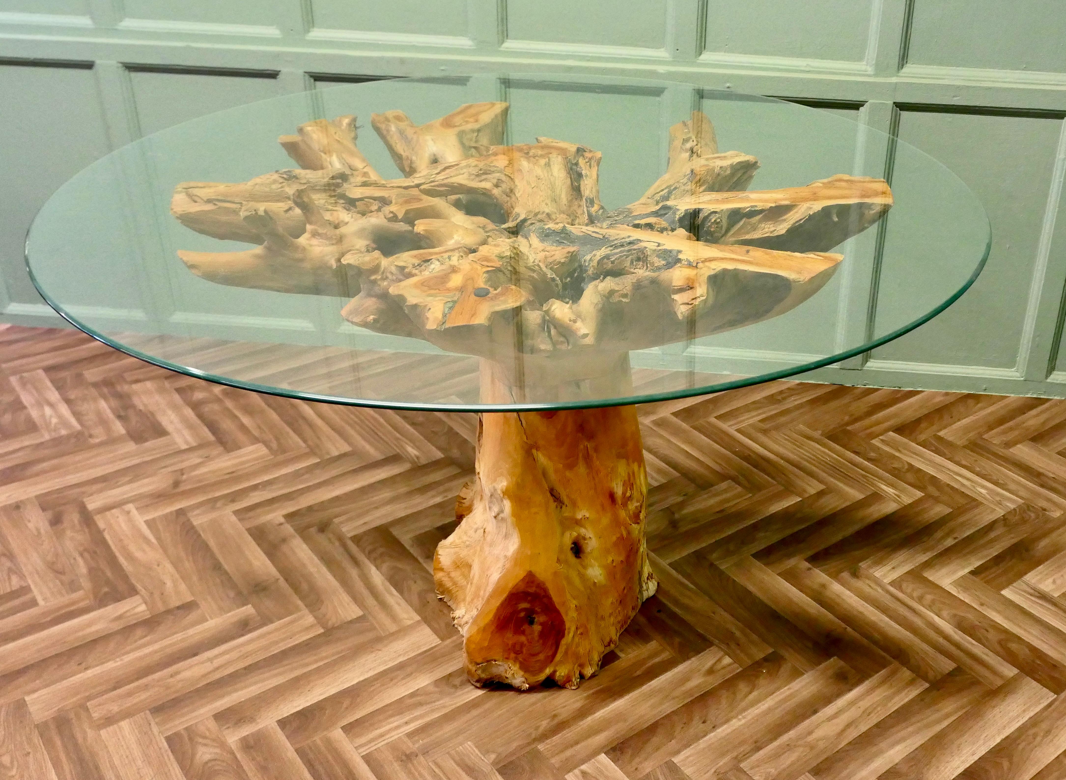 Yewwood Root Tree Dining Table With Round Glass Top In Good Condition For Sale In Godshill, Isle of Wight