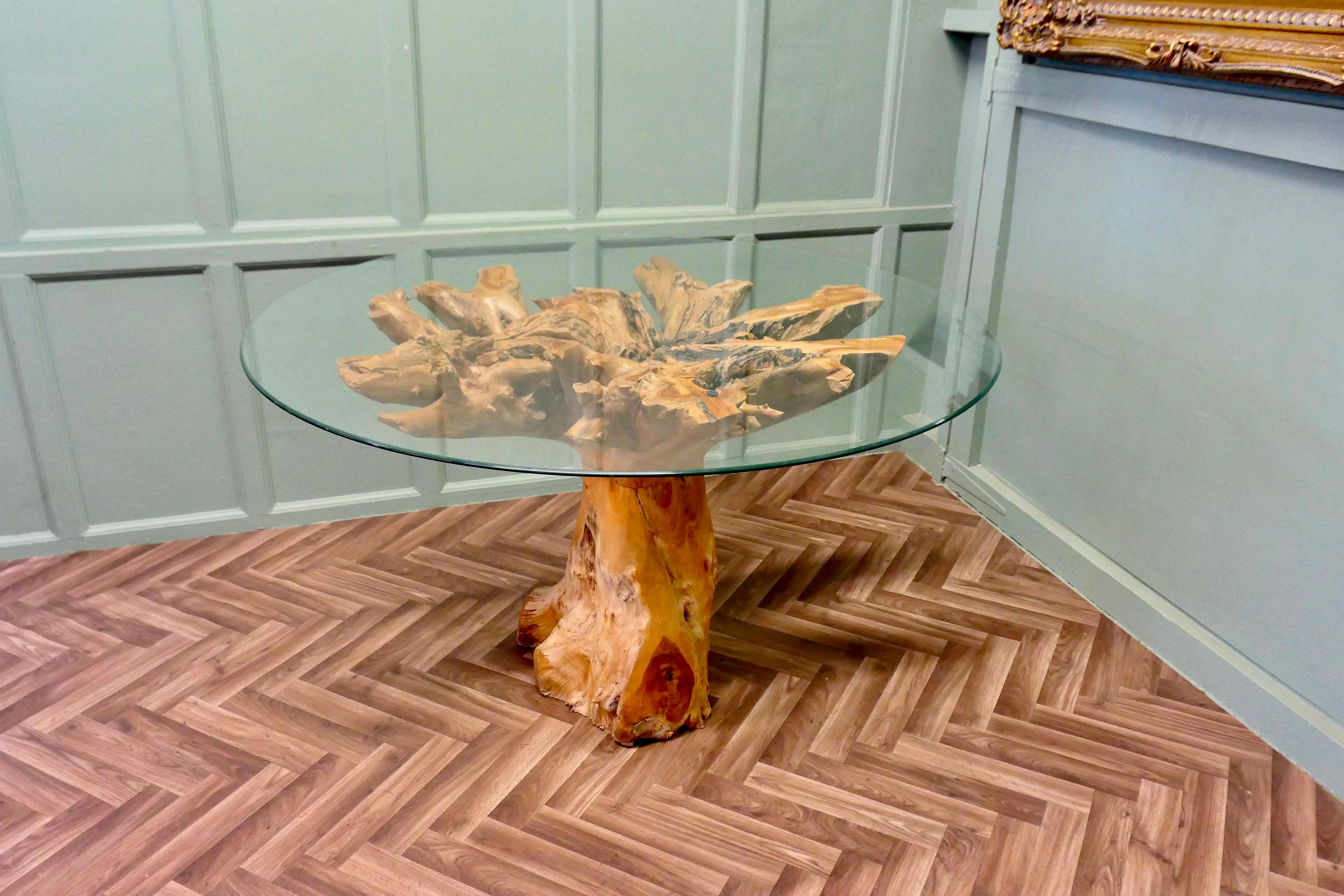Organic Modern Yewwood Root Tree Dining Table With Round Glass Top For Sale