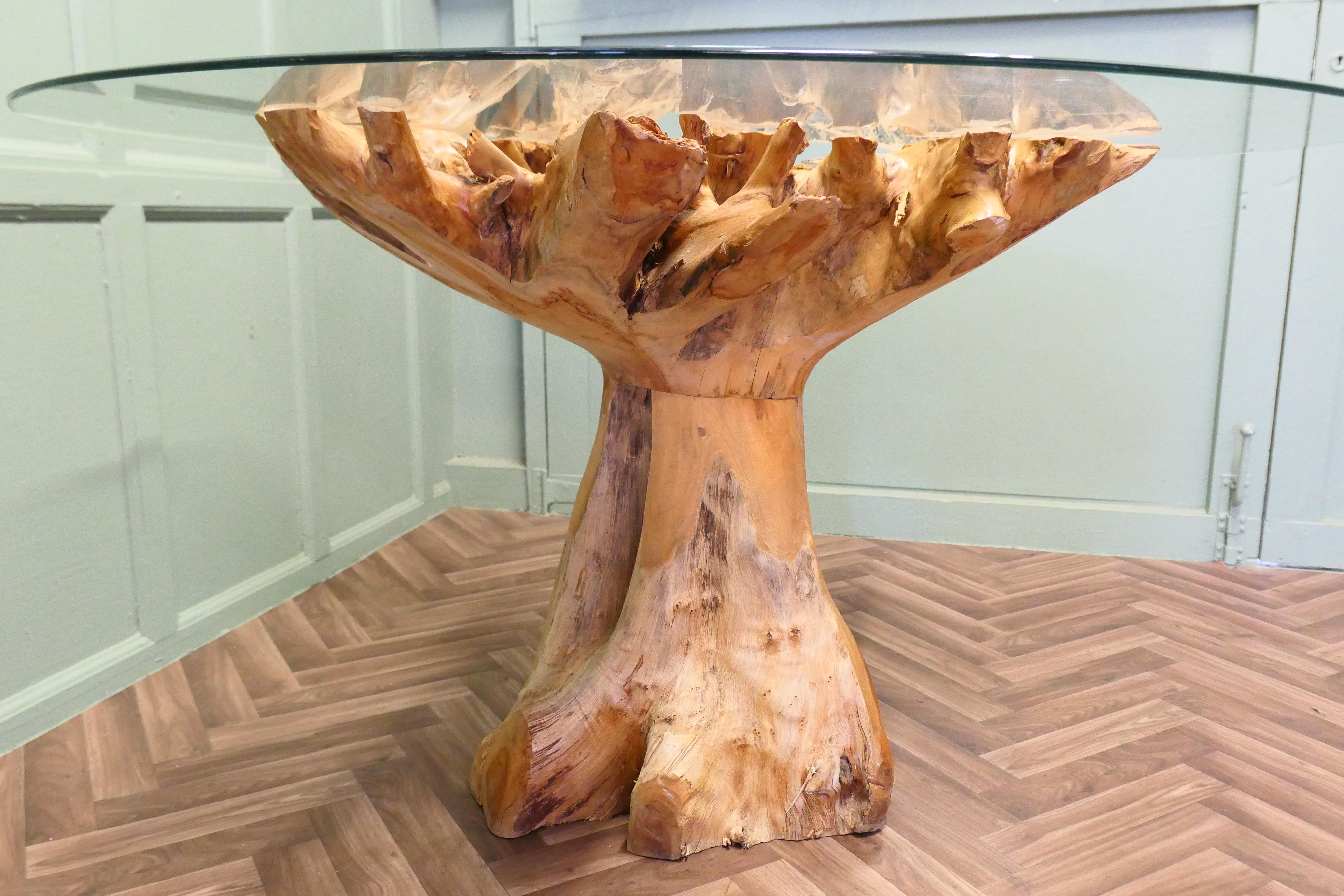 Yewwood Root Tree Dining Table With Round Glass Top For Sale 1