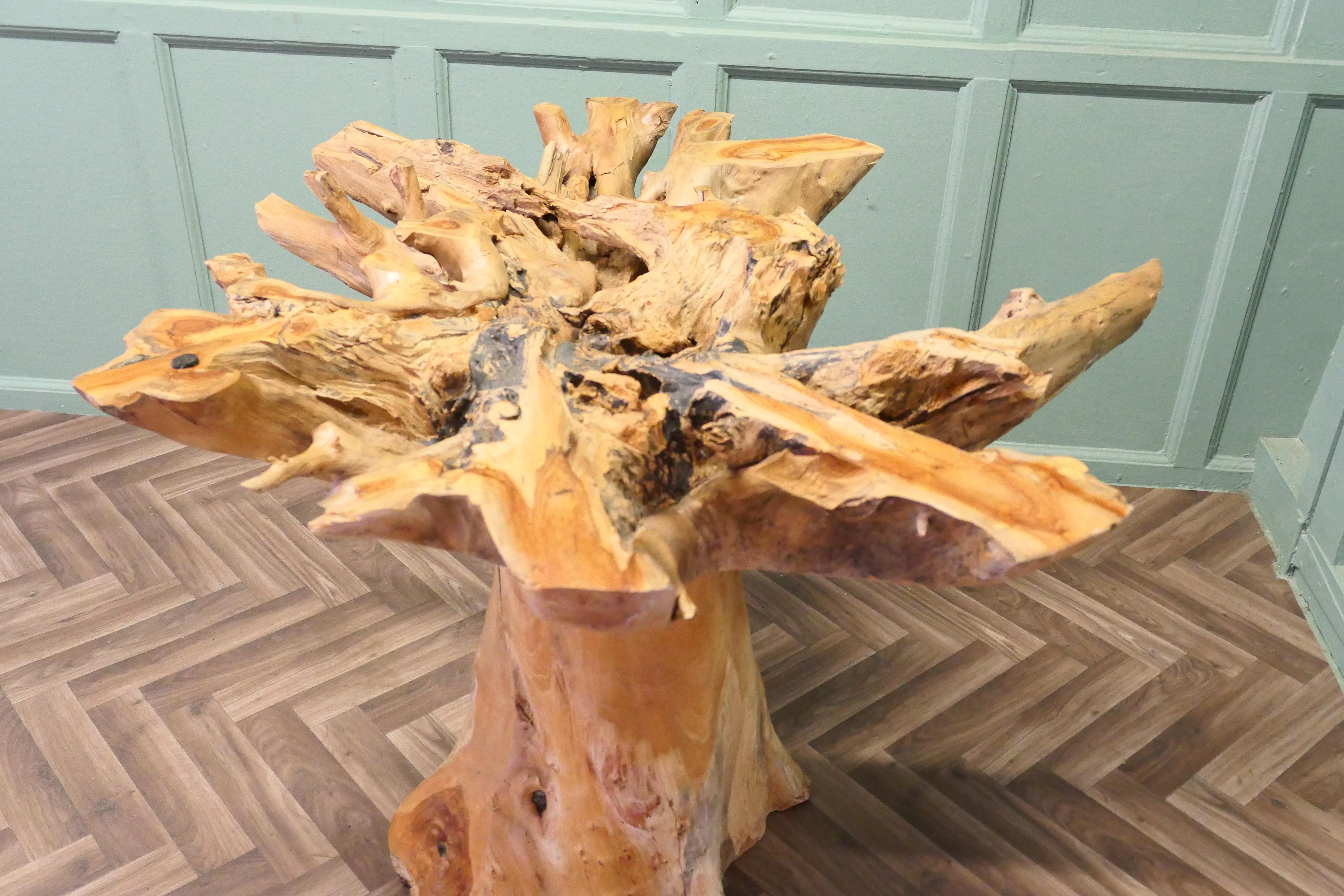 Yewwood Root Tree Dining Table With Round Glass Top For Sale 2