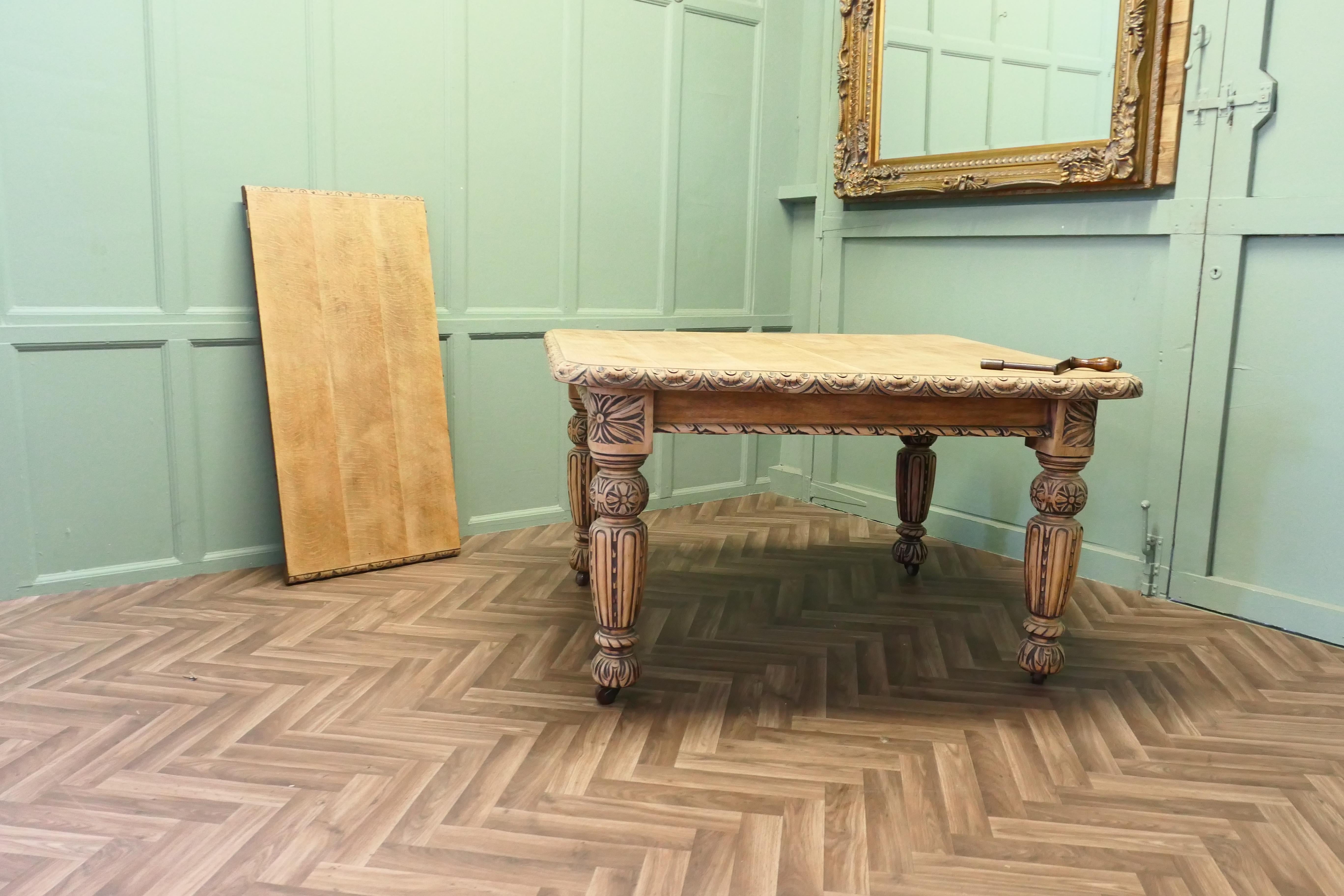 19th Century Bleached Oak Gothic Style Extending Dining Table This is a very sturdy table For Sale