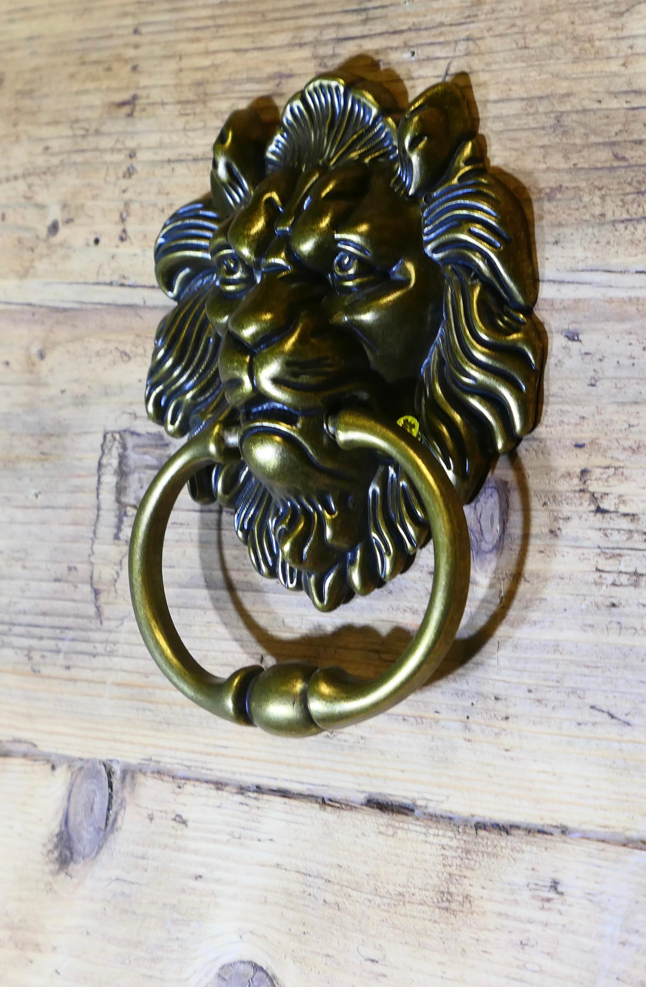 Mid-20th Century Gothic Lion’s Mask Brass Door Knocker   This is a good looking door knocker For Sale