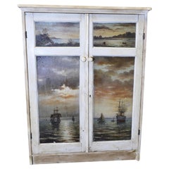 Hand Painted Cupboard, 4 Oil Seascape Paintings