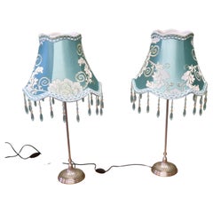 Pair of Tall Chrome Bedside Lamps, Beaded Embroidered Shades