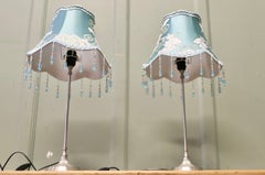 Pair of Tall Chrome Bedside Lamps, Beaded Embroidered Shades