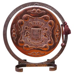 Hand Hammered Basque Copper and Iron Table Gong The copper Gong is suspended i