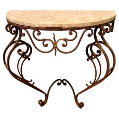 Rustic French Wrought Iron Marble Console or Hall Table