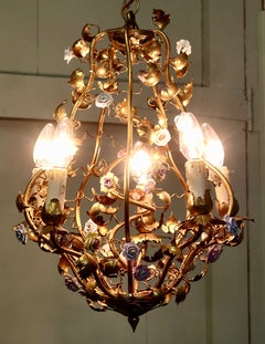 French Tolewear Gilt and Ceramic Flower 5 Bulb Chandelier