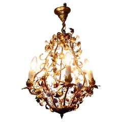 French Tolewear Gilt and Ceramic Flower 5 Bulb Chandelier