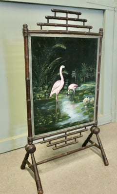 Black Lacquer Oriental Fire Screen, Painted with Flamingos