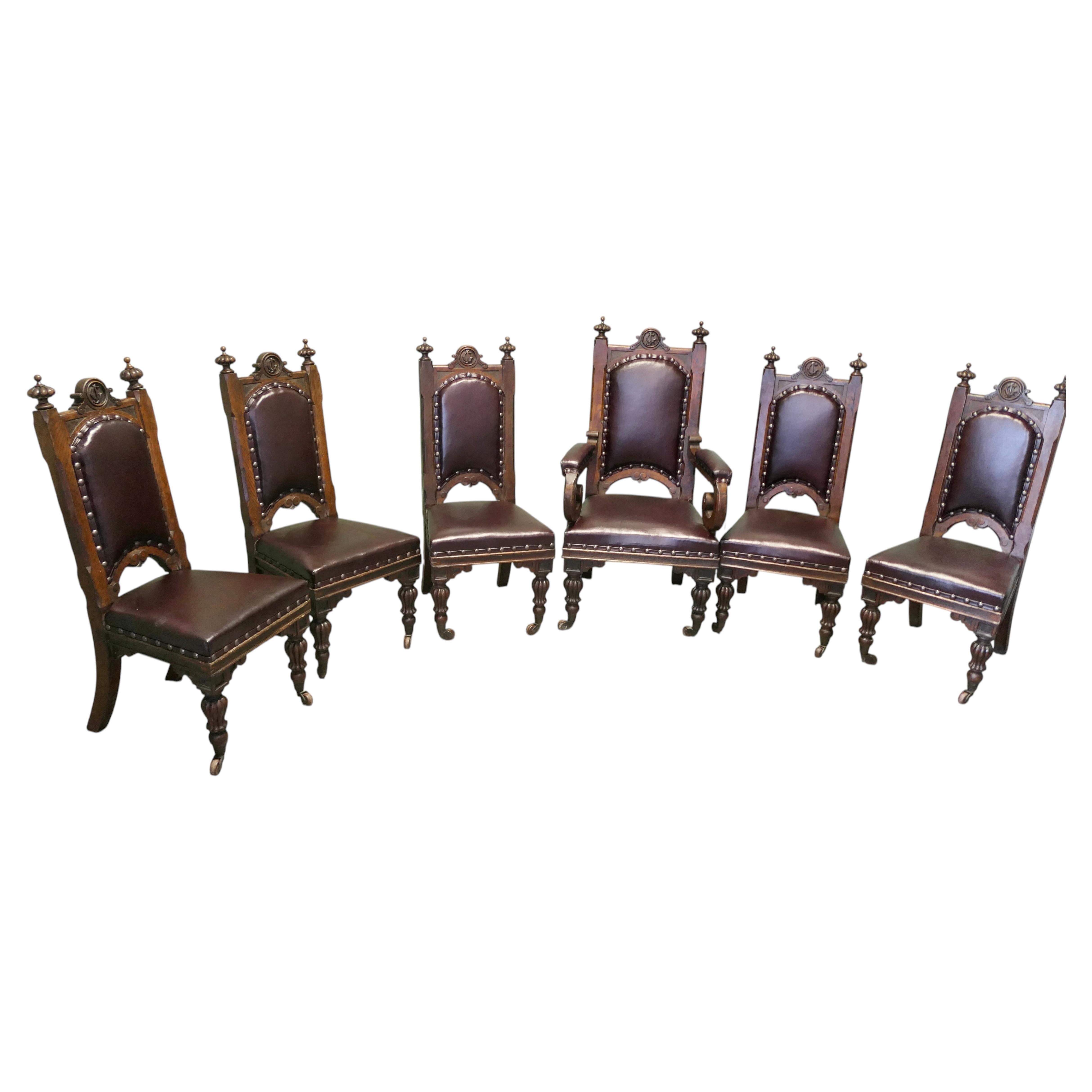 A Set of 6 Gothic Oak High Back Carved Dining Chairs This is a superb set For Sale
