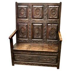 18th Century Carved High Back Oak Box Settle The Settle has a superbly carved