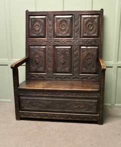 18th Century Carved High Back Oak Box Settle The Settle has a superbly carved