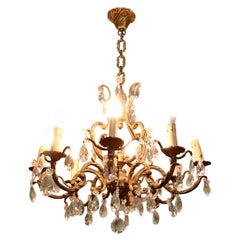 Large French Brass Chandelier, Hung with Crystal Lustres