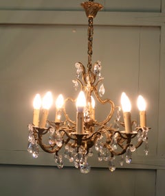 Large French Brass Chandelier, Hung with Crystal Lustres