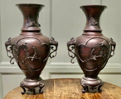 A Pair of Large Japanese Bronze Vases, Meiji Period.